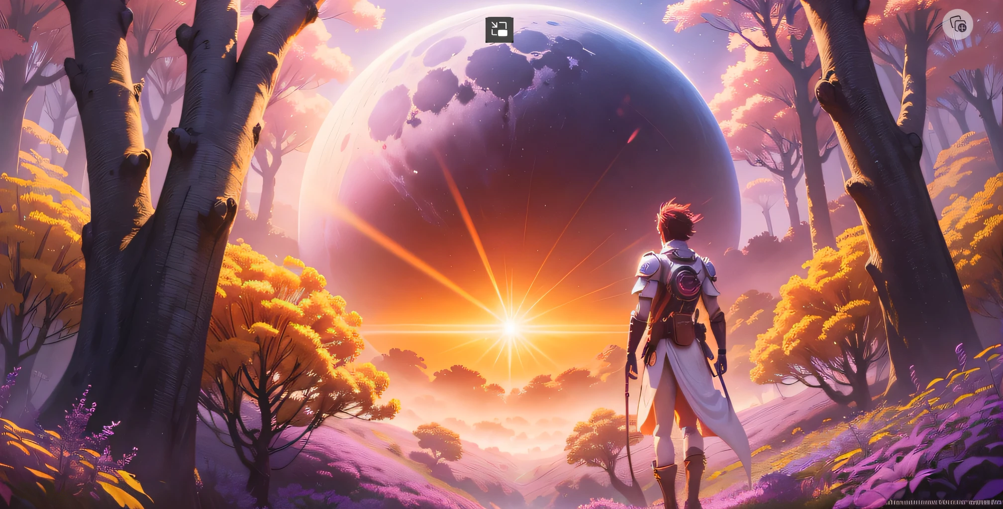 A man standing in a forest with a giant planet in the background, 2. 5 d cgi anime fantasia arte, arte conceitual do metaverso, Artgem e Beeple Masterpiece, 3 d render bipe, estilo fantasia 8 k octane render, arte chave, arstation e bipe altamente, Makoto Shinkai Cirilo Rolando, rossdraws global illumination