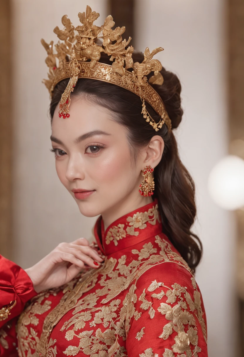 (Ultra-realistic 8k CG:1.2),Perfect artwork,delicate patterns,Complicated details,(Unbeatable masterpiece,Best quality at best:1.2),(extremly intricate:1.2),
A woman who is eye-catching,She wore a gorgeous red and gold dress,The dress is embroidered with brilliant patterns,The gold thread shines with a delicate light,Her curvaceous figure,The dress perfectly outlines her graceful figure,Give her a noble and elegant temperament,Sit on a huge red dragon chair,The back of the chair is embroidered with a golden dragon pattern,Highlight the royal dignity,On each side of the dragon chair are a pair of screens painted with exquisite auspicious patterns。
She wears a brilliant phoenix crown,The crown is encrusted with precious gemstones and silver jewelry,Phoenix feathers hanging from the forehead danced,The crown is embellished with red ribbons,Sway gently。
The wedding scene is bustling and elegantly furnished,A huge golden word "Xi" hangs in the center of the venue,The venue is surrounded by red and gold lanterns and garlands,Brilliant light and floral scents fill the air,Festive and homely feeling。
Worship ceremonies,Around the venue, a circular banquet is arranged,The ornate tablecloth is embroidered with intricate patterns,The table is filled with exquisite Chinese dishes and a variety of dim sum,Guests arrived in full costume,You look at it,Full of laughter and blessings,Everyone talks to each other,Share the joy and joy to the fullest。
(red palace:1.2),(Chinese Ancient Architecture),(rot:1.8),natta。