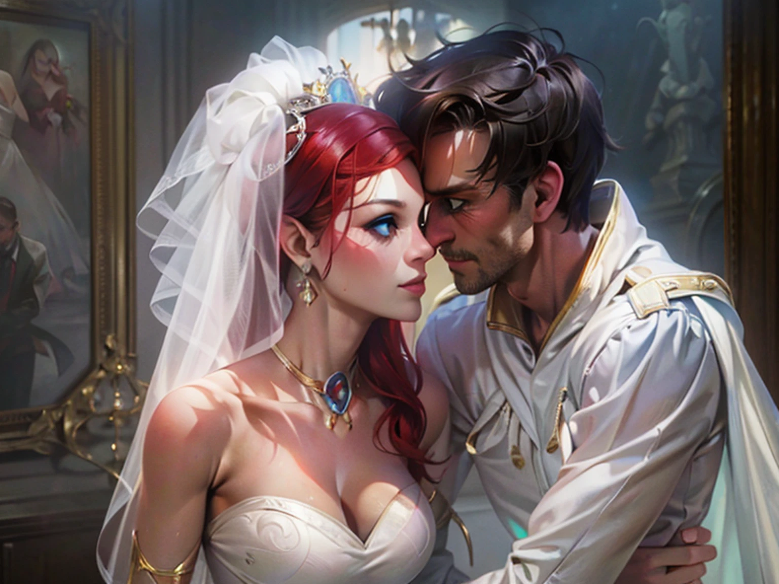 arafed, high details, best quality, 16k, [ultra detailed], masterpiece, best quality, (extremely detailed), dynamic angle, ultra wide shot, RAW, photorealistic, a wide angle picture of a vampire bride taking a bite of her groom, a vampire (best details, Masterpiece, best quality) female human in a wedding gown (best details, Masterpiece, best quality), ultra detailed face (best details, Masterpiece, best quality), ultra feminine red haired, long hair, wedding hair cut style, blue eyes, intense eyes, wearing white wedding dress (best details, Masterpiece, best quality), wearing white high heels, in the ceremonial bed (best details, Masterpiece, best quality), taking a bite from the groom, BREAK [and] [a beautiful human man] (best details, Masterpiece, best quality), ultra detailed face (best details, Masterpiece, best quality), wearing a wedding tuxedo (best details, Masterpiece, best quality), honeymoon suite background, Ultra-Wide Angle, high detail, award winning, best quality, HD, 16K, 3D rendering, high details, best quality, highres, ultra wide angle, 3D rendering, [[anatomically correct]]
