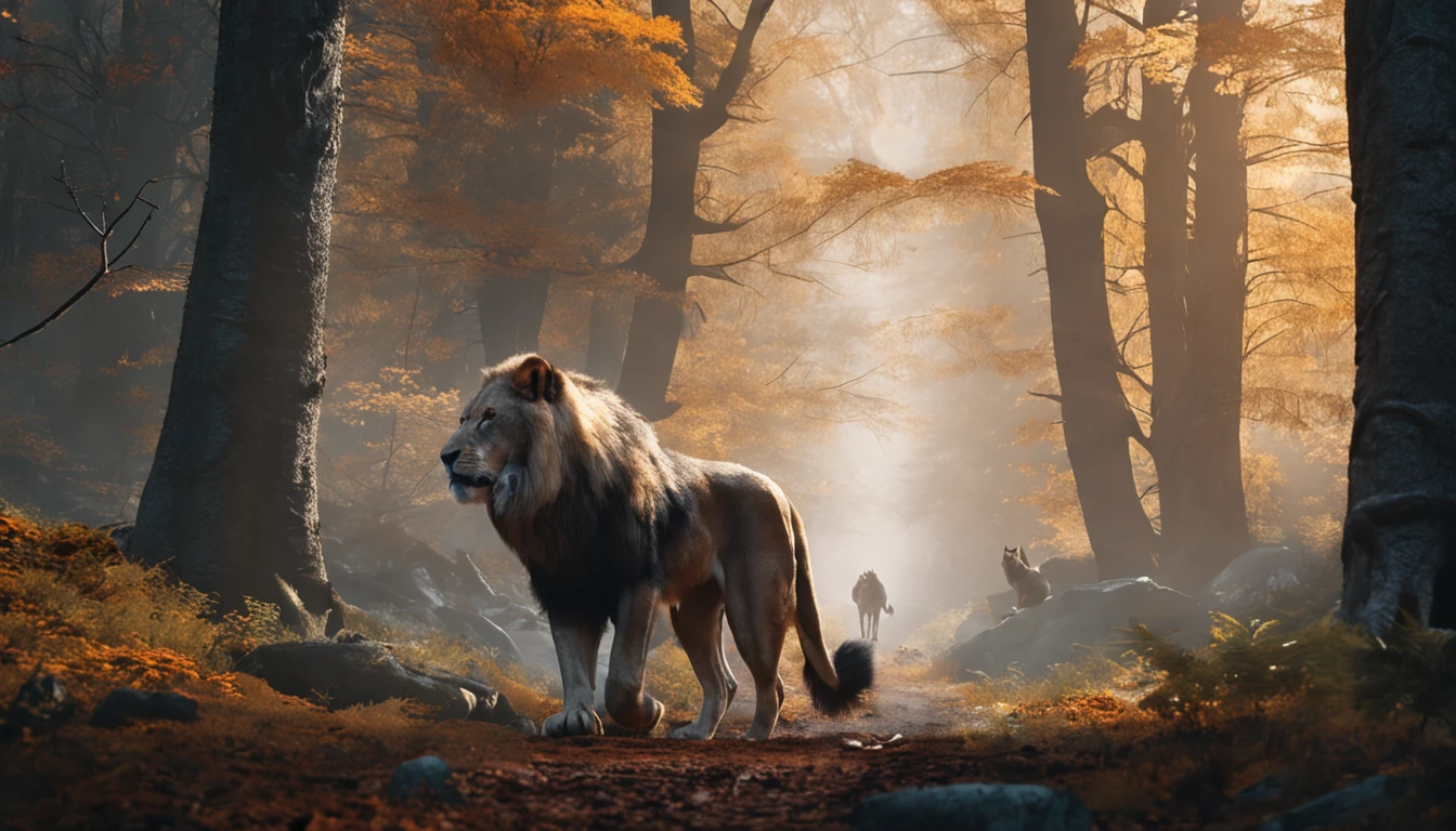 portrait of a man, walking on a path through the forest, accompanied by a wolf and a lion.