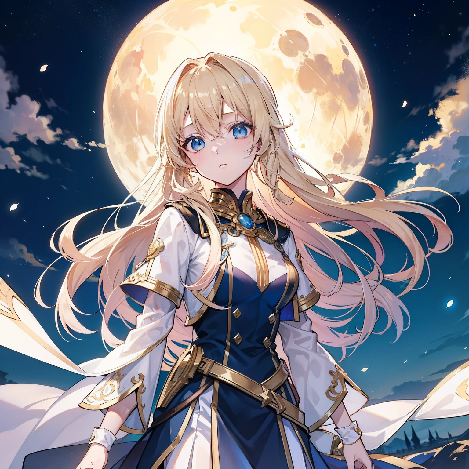 （8K、top-quality、​masterpiece:1.2)、1 girl in、Long Golden Hair、Blue eyes、battle garments、fullmoon、a cool、Looking here