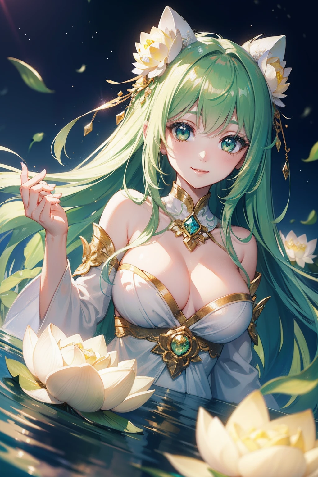 masutepiece, High resolution, 8K, anime woman, Delicate and detailed writing 、Detailed digital illustration、Aristocratic clothing、Very long hair and shiny、a very beautiful woman、Eyes are double, Big and cute,、Bust is D cup、High image quality, High quality、Detailed background、I'm wearing a hair ornament.、Glittering background、The inside of the eye shines like a diamond、4 fingers, 1 thumb、Detailed female face、Smile、Very beautiful and cute woman、light green hair、Very luxurious hair jewelry、Go inside the pond、froggy、A smile、Photo up to the waist、Lots of beautiful lotus flowers on the background、stardust、Soft Focus , Light gradient watercolor , Lens Flare , Glitter , Glow , Dreamy background main、Far Angle、(((A very beautiful lotus flower)))