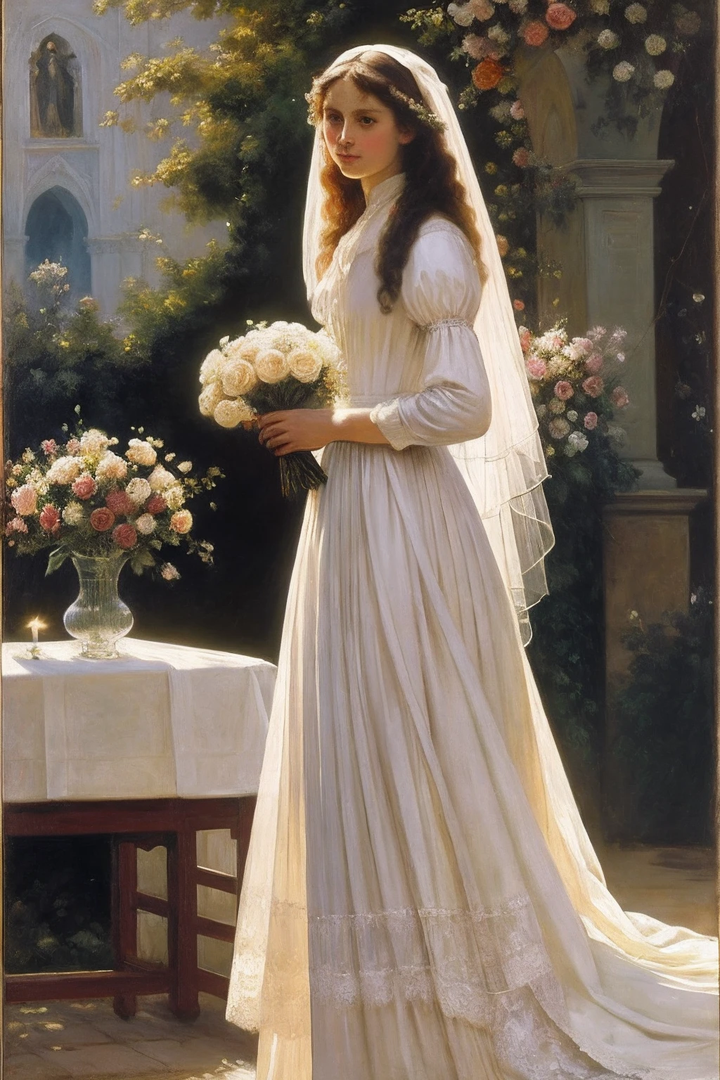 (masterpiece), 19th century, a girl in a wedding dress walks to the altar, a transparent veil covers her face, a bouquet of flowers, church decorations, ultra-high resolution, neckline, full-length body, an unsurpassed masterpiece, a perfect work of art, realistic painting, oil paint, the best quality, High background detail, painterly drawing, Rows of benches, Low contrast, extremely detailed face, (ideal face: 1.5), Essence, Softness of light, candles, art by Vasily Pukirev and John Singer Sargent and Gustave Courbet and Ilya Repin