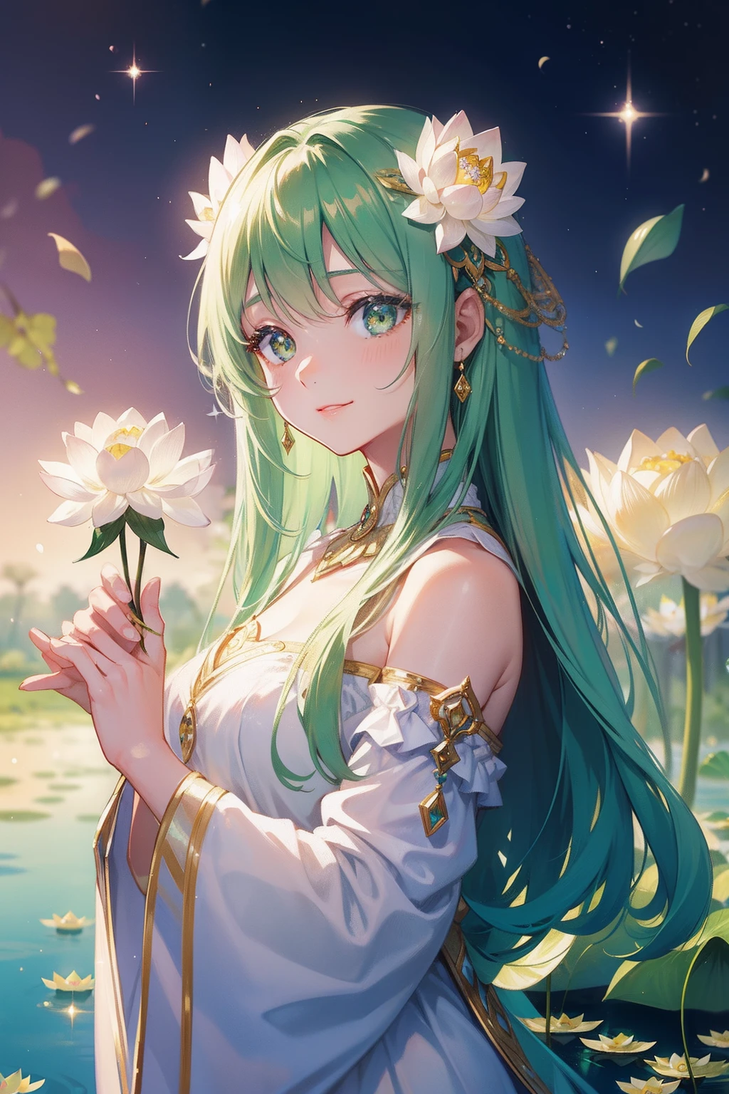 masutepiece, High resolution, 8K, anime woman, Delicate and detailed writing 、Detailed digital illustration、Aristocratic clothing、Very long hair and shiny、a very beautiful woman、Eyes are double, Big and cute,、Bust is D cup、High image quality, High quality、Detailed background、I'm wearing a hair ornament.、Glittering background、The inside of the eye shines like a diamond、4 fingers, 1 thumb、Detailed female face、Smile、Very beautiful and cute woman、light green hair、Very luxurious hair jewelry、Go inside the pond、froggy、A smile、Photo up to the waist、Lots of beautiful lotus flowers on the background、stardust、Soft Focus , Light gradient watercolor , Lens Flare , Glitter , Glow , Dreamy background main、Far Angle、(((A very beautiful lotus flower)))