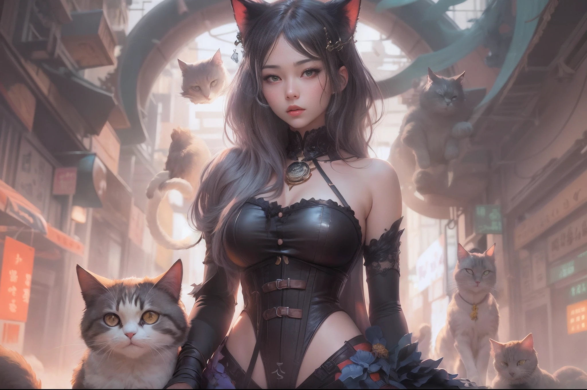anime - style image of two women dressed in corset and cats, wlop and sakimichan, attractive cat girl, artwork in the style of guweiz, fantasy art style, 2. 5 d cgi anime fantasy artwork, fanart best artstation, by Yang J, trending on cgstation, wlop and ross tran, guweiz