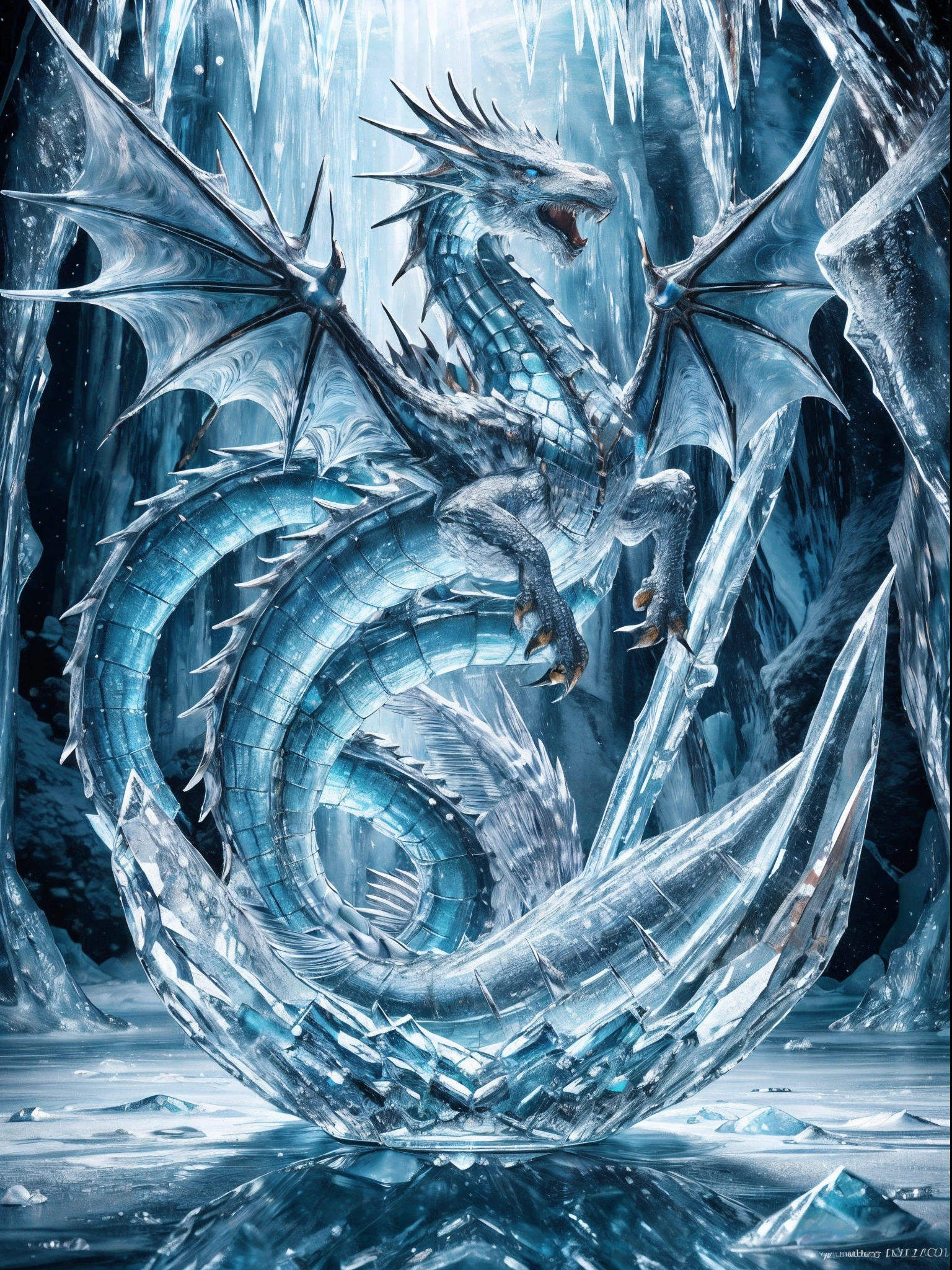 Best Quality, high detailing, High resolution, nffsw, 4K, 8K, Glass sculpture masterpieces and legendary dragons, Water, ice crystal, Fantasy, Icicles, Trapped in the ice, The background is an ice cave, Ice World, Most Awesome
