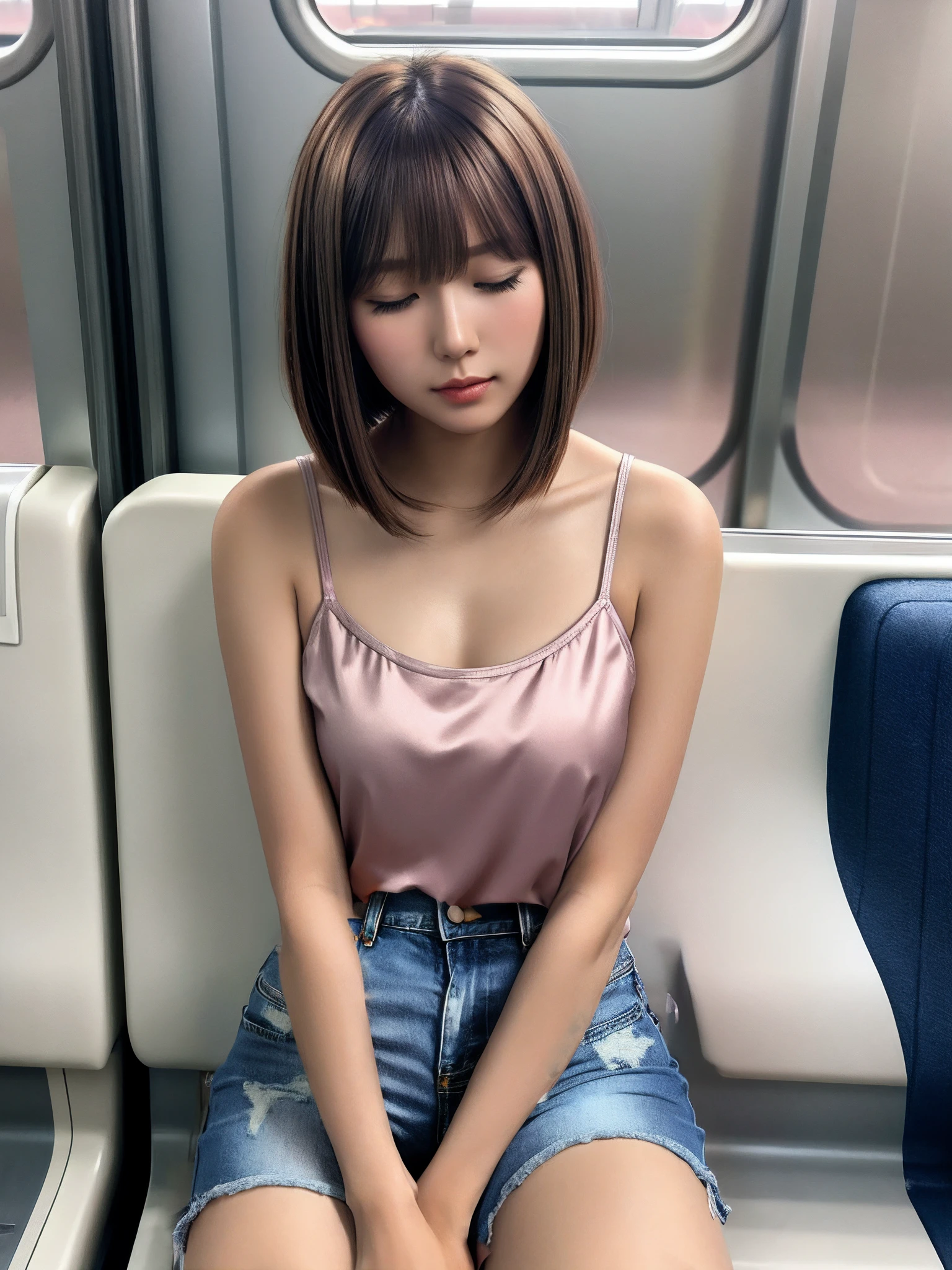 ((masterpiece)), ((best quality)), (ultra-detailed), ((kawaii)), cute, (lovely), ((extremely detailed)), 4K, (8K), best quality, (beautiful), realistic, real, dynamic angle0, front view a Japanese young pretty girl ,train,in the morning,on the train,sitting on a seat, glamorous figure ,long bob hair ,1girl, solo, Off-the-shoulder knit ,miniskirt, detailed beautiful eyes, barge breast, a big smile, hyper cute face, glossy lips, double eyelids for both eyes, natural makeup, shiny smooth light brown hair of long bob hair, asymmetrical bangs, high resolution, high detail, detailed hairstyle, detailed face, cinematic lighting, octane rendering, hyper realistic, perfect limbs, perfect anatomy