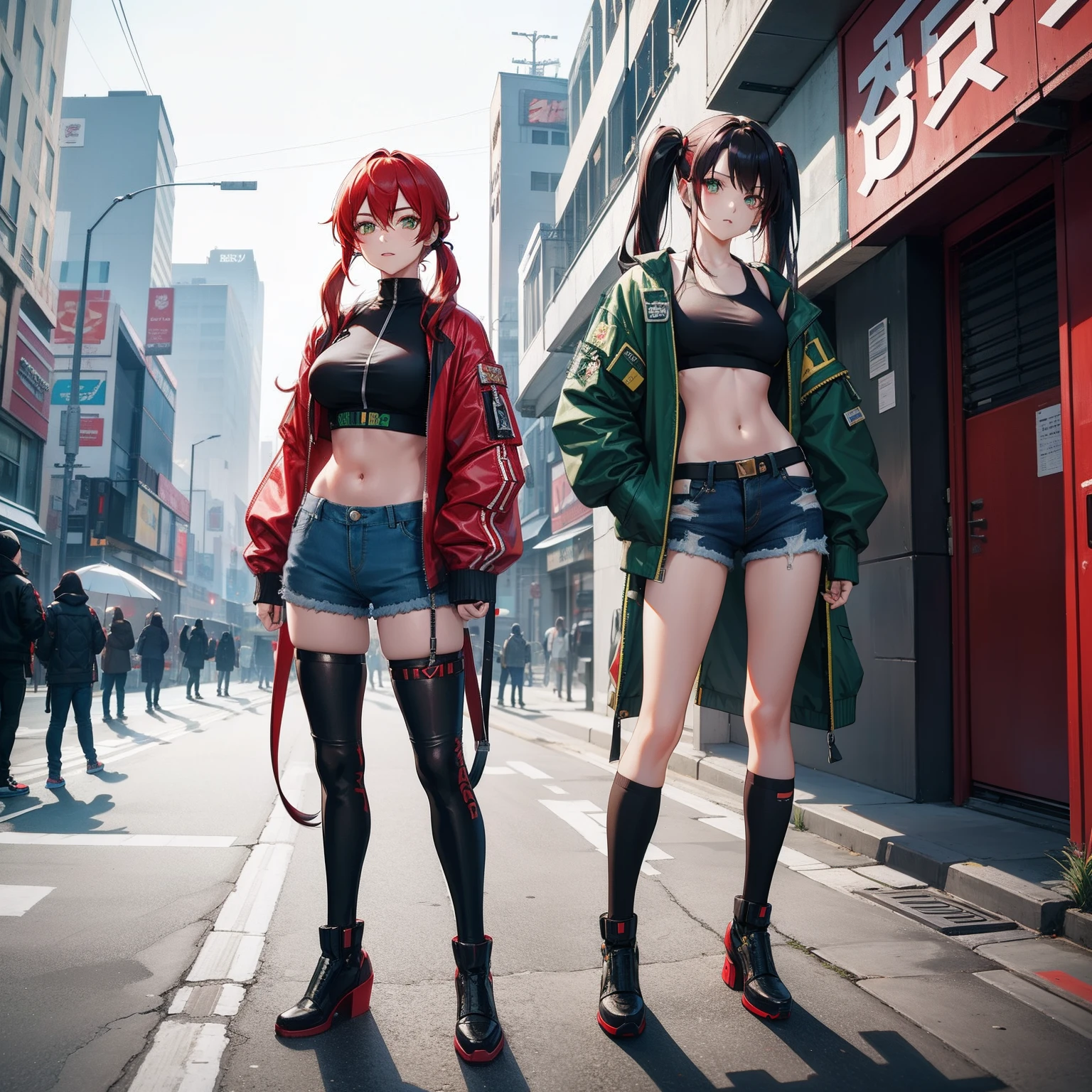 Full body shot, female asian Irina Shidou red hair twintails green eyes, in a cyberpunk city, wearing a bomber jacket and crop top and denim shorts, standing next to a Nissan GT-R, frontal shot, masterpiece, highly detailed
