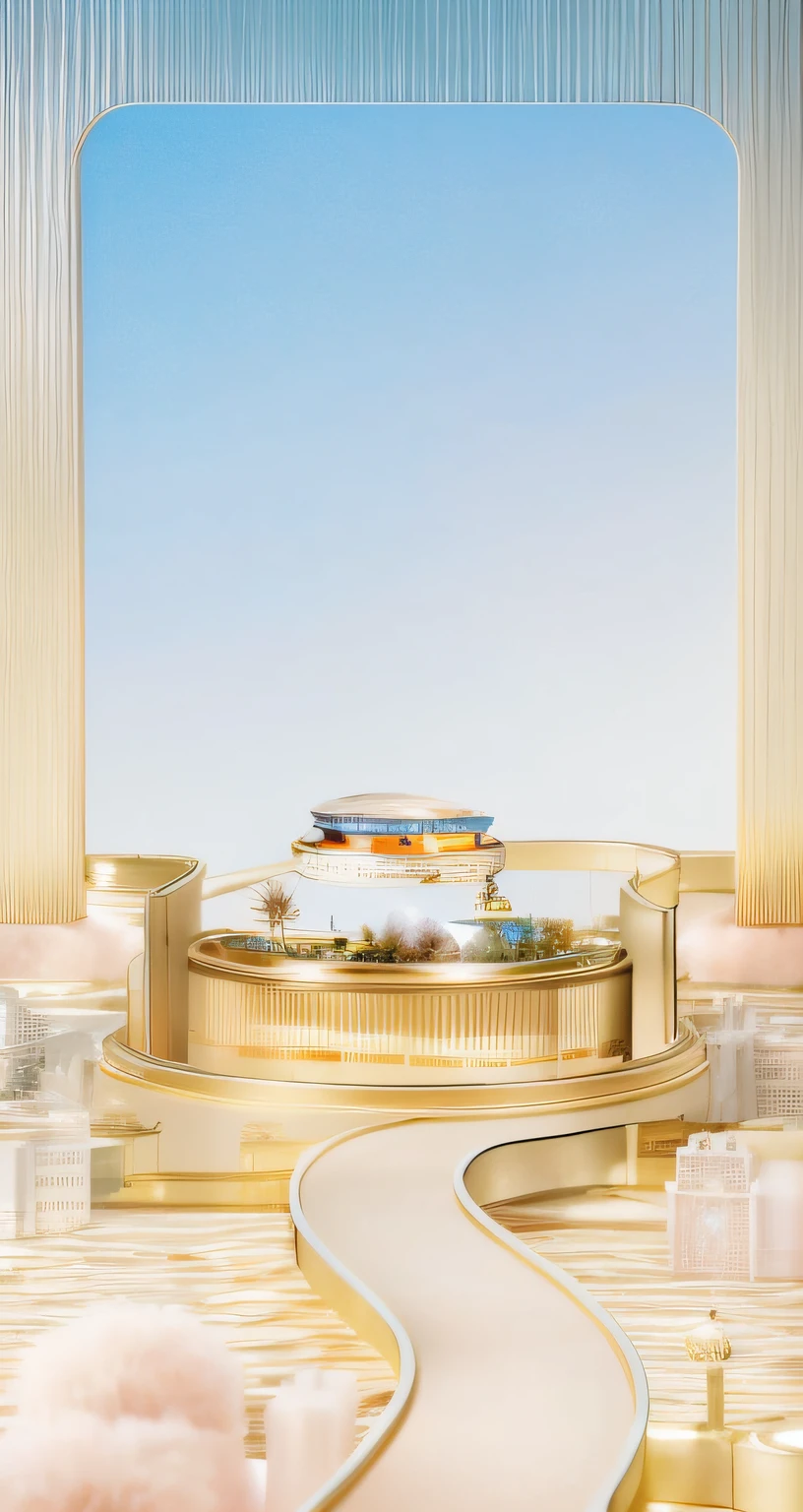 There is a picture of a circular building with a sky background, highly detailed scenario, Jaquet Droz, van cleef & arpels, chaumet, dreamscape in a jar, ethereal gold and silver tones, delicate detailing golden stroke, in majestic, intricate sparkling atmosphere, gold noble, Detailed scenery —width 672, gold and luxury materials