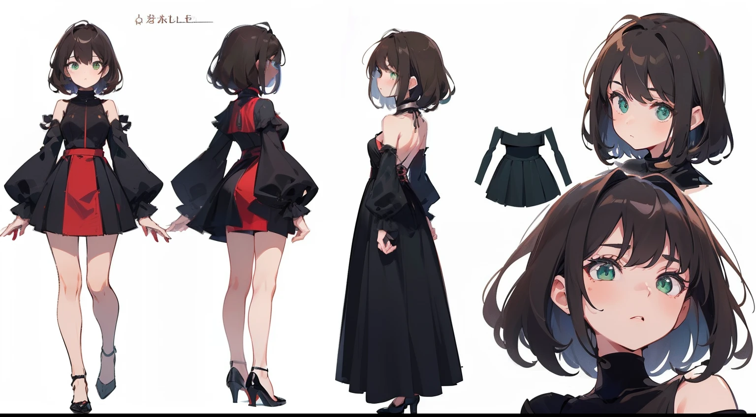(masterpiece), (best quality), sharp focuse, (character design sheet, same character, profile side, back, full body, close up), illustration, (detailed hair, detailed face, detailed features structure), ((1 mature woman, solo)), perfect body shape, petite body size, perfect feminine face, pose zitai, detailed design character, chestnut brown hair, shoulders length hair, ((green eyes, beautiful shapes of eyes)), black turtleneck, red skirt, black highheels, (simple background, white background: 1.3)