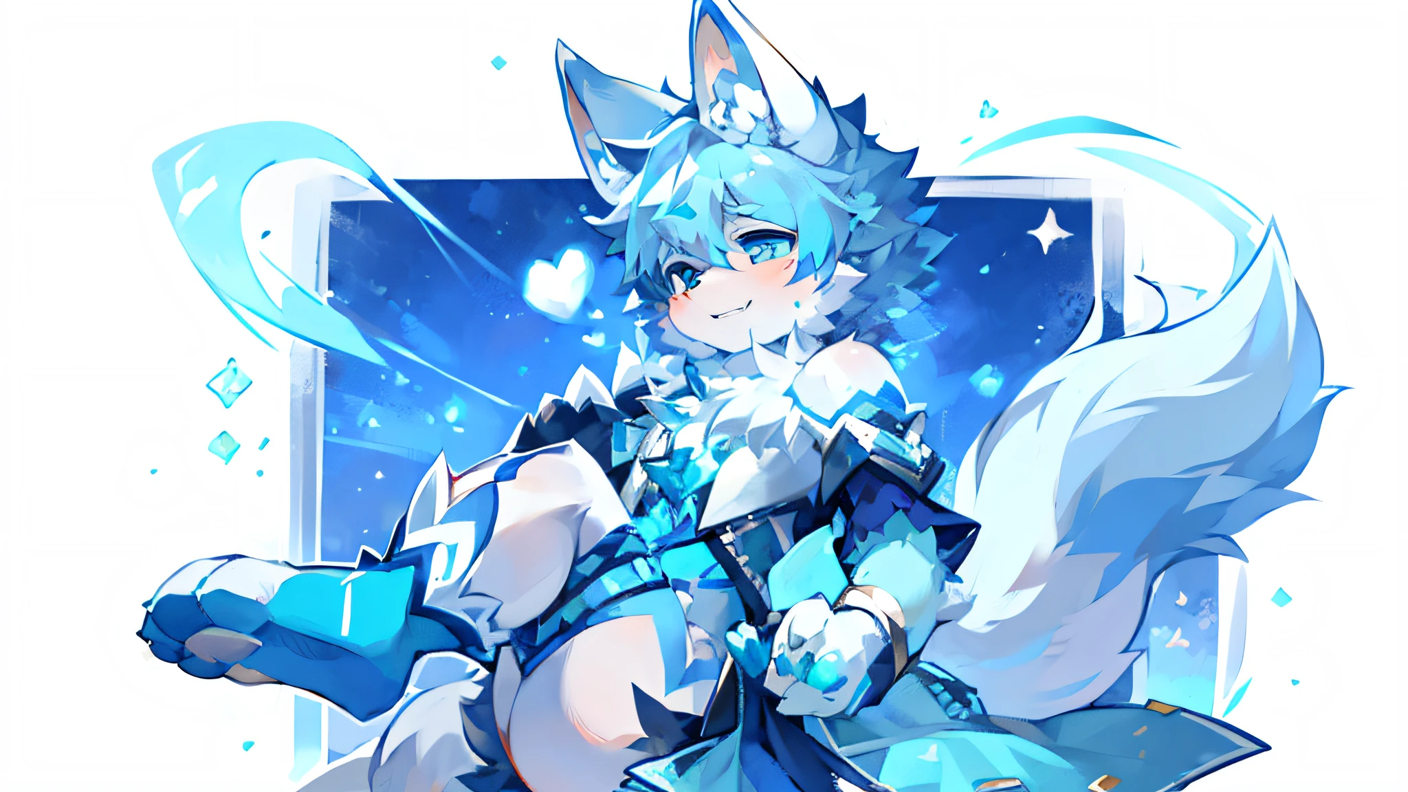 A wolf boy covered in white and blue fur，The pupils are different，Blue Paws，Wolf ears ，Use ice magic，The upper part of the body