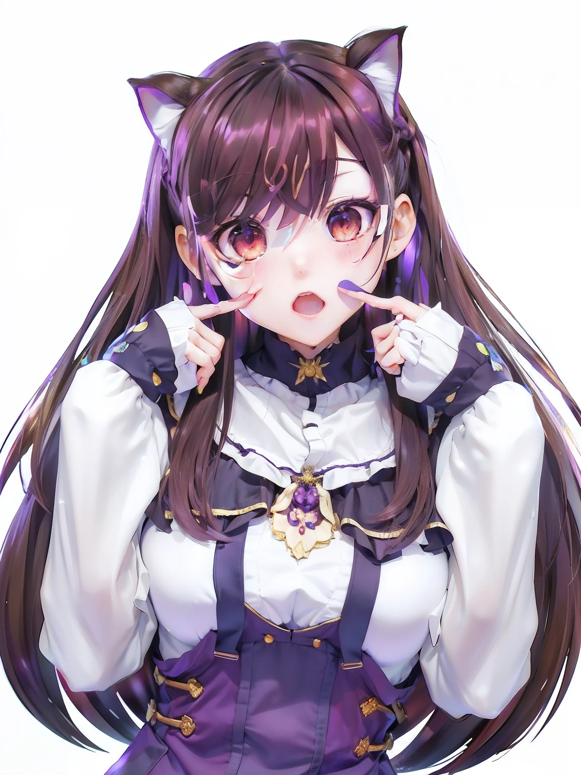 anime girl with long hair and purple eyes posing for a picture, marin kitagawa fanart, anime moe artstyle, kawaii realistic portrait, cunning expression, ayaka genshin impact, mischievous expression, anime girl with cat ears, portrait of ((mischievous)), with index finger, ahegao face, naughty expression, official character art