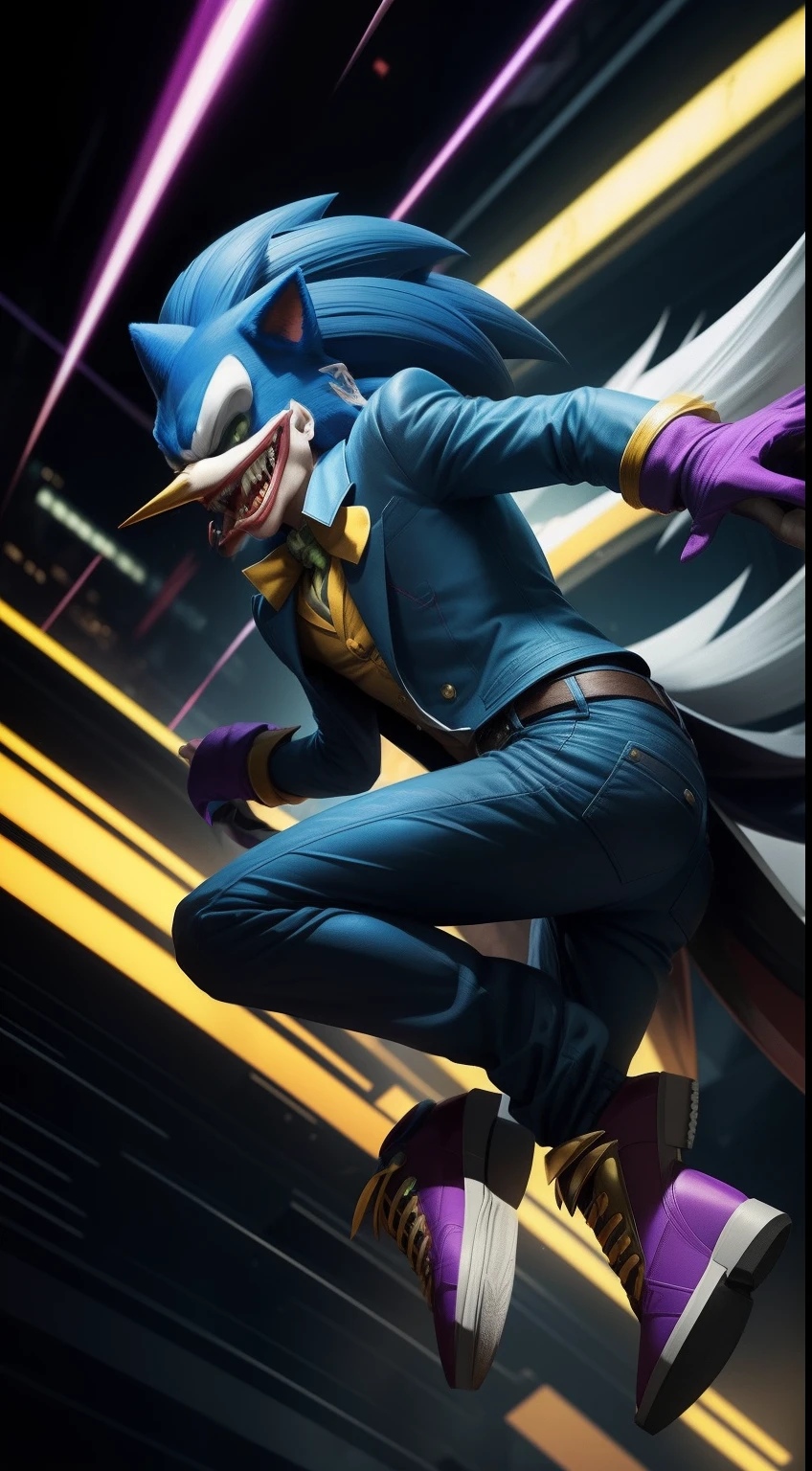 "An artistic fusion of Sonic the Hedgehog and the Joker, resulting in a wild and unpredictable character. The art style combines Sonic's speed and energy with the Joker's chaotic and colorful nature. The character stands against a backdrop of swirling colors and distorted reality, exuding an aura of madness and playfulness. The fusion design seamlessly integrates Sonic's blue fur and quills with the Joker's distinctive attire, manic expression, and chaotic props. This image draws inspiration from both the Sonic the Hedgehog franchise and the Joker's iconic presence, creating a unique blend of speed and madness. The camera angle captures the fusion character in a frenetic and unpredictable pose. The render style includes vibrant colors, dynamic lines, and surreal lighting to emphasize the fusion of energy and chaos."