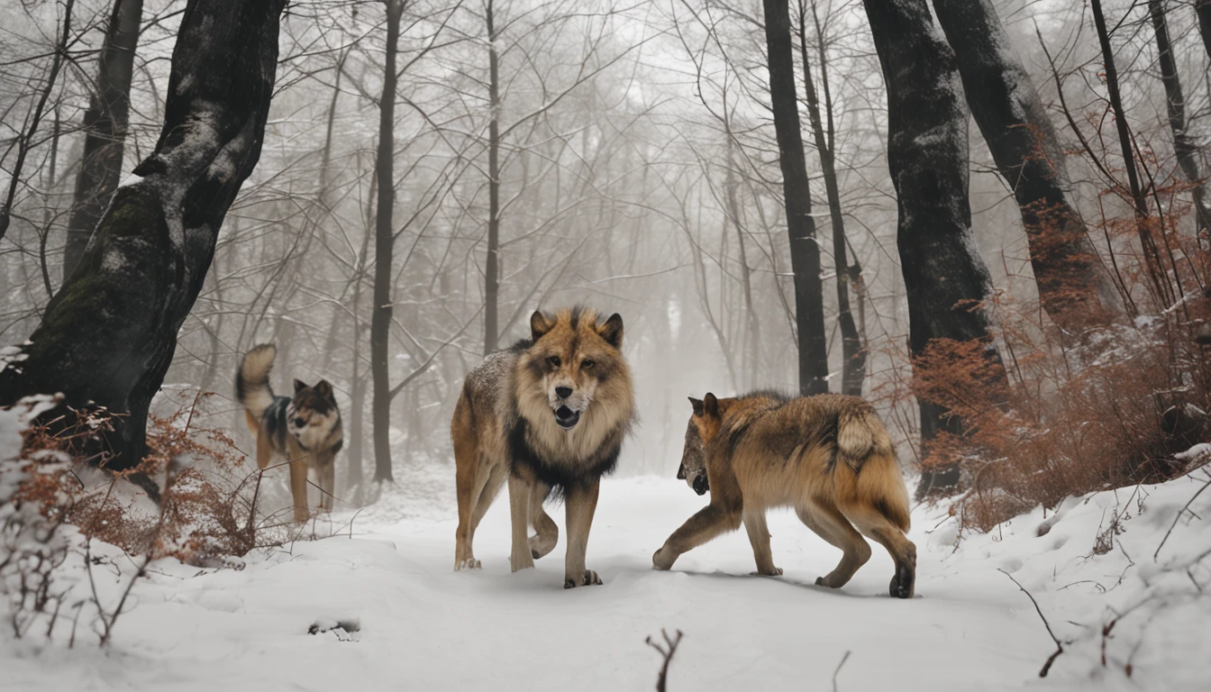 frontal portrait of a man, walking on a path through the forest, a wolf walking on his right side, a lion walking on his left side.