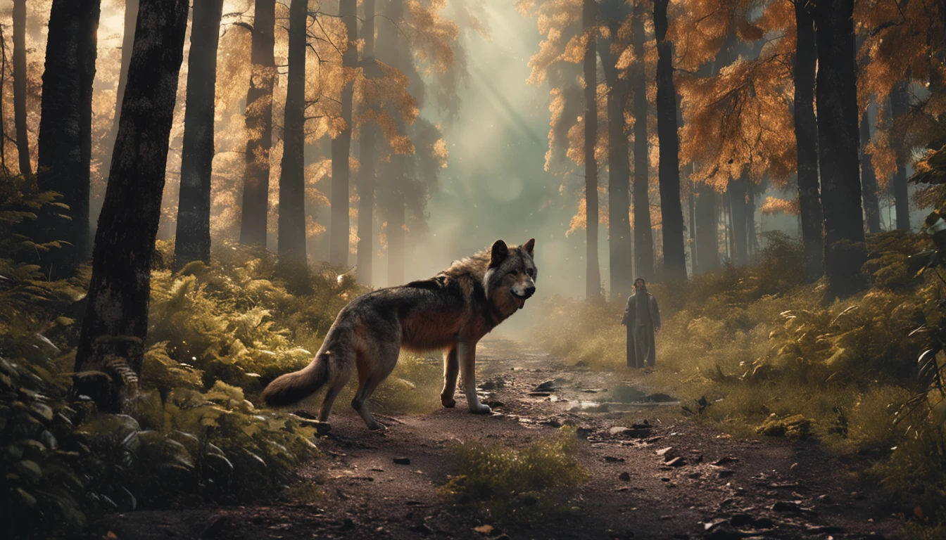 frontal portrait of a man, walking on a path through the forest, a wolf walking on his right side, a lion walking on his left side.