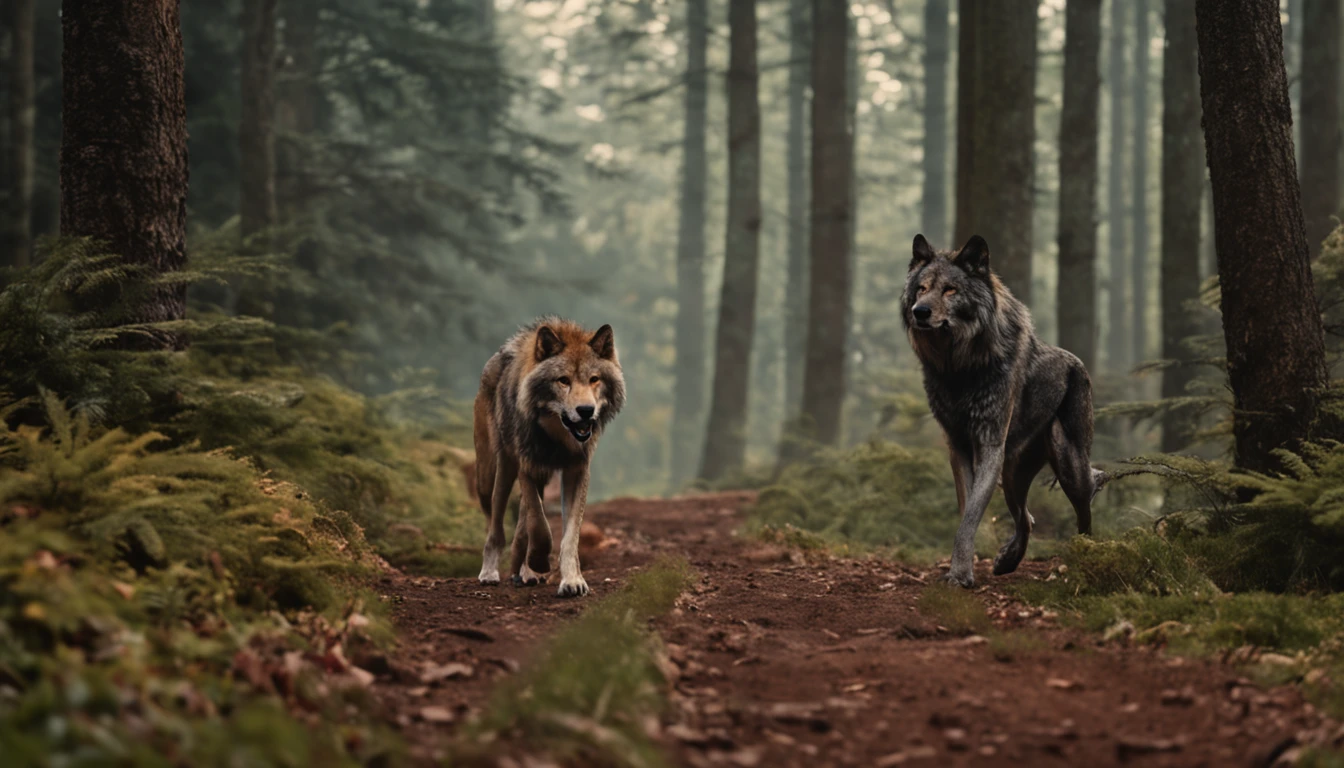 frontal portrait of a man, walking on a path through the forest, a wolf walking on his right side, a lion walking on his left side.