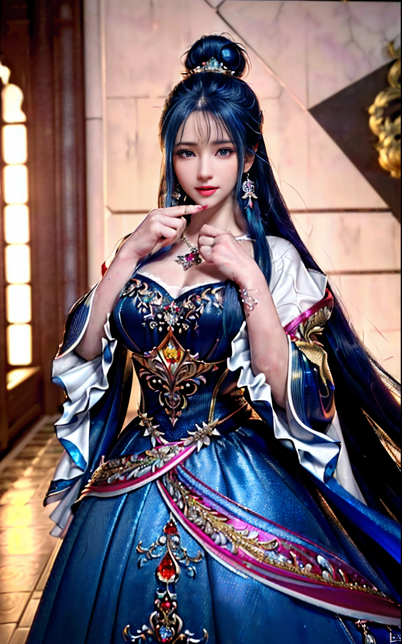 ((realisticity: 1.2)), ((realistic: 8K UHD)), ((best resolution: 8K UHD)), hyper detailed, best quality,masterpiece,highres,cg, ((1 girl hyper detailed and hyper realistic) ) , ((beautiful queen, hyper realistic and hyper detailed)),((white skin, beautiful, smooth, youthful, hyper realistic and hyper detailed )), ((Face hyper beautiful, white, hyper realistic and hyper detailed ) ), long hair, ((hyper realistic and hyper detailed dress)), solo, ((hyper realistic, hyper beautiful, beautiful and hyper detailed jewelry)), ((hyper beautiful deep red and golden yellow dress, hyper realistic and hyper detailed )) , ((Her pretty, hyper realistic, hyper detailed diamond filled earrings)), ((Her gorgeous diamond haircut, hyper realistic and hyper detailed)), ((hyper pretty upper body, hyper beautiful, hyper realistic and hyper detailed) ), ((medium breast: 1.1)), ((hyper realistic, hyper pretty, hyper detailed boobs)), ((the backgroun of the royal palace is hyper majestic, hyper realistic and hyper detailed)),((hands and palms hyper beautiful, hyper detailed, hyper realistic)), ((hyper detailed and hyper realistic fingers and fingernails)), ((hyper pretty fingernails, hyper vivid, hyper detailed, hyper realistic)), ((thumb, index finger, middle finger, ring finger, little finger hyper vivid, hyper pretty, hyper detailed, hyper realistic)), ((hyper beautiful fingers, hyper detailed, and hyper realistic)), ((posture not too fat and not too thin, hyper realistic, hyper detail)), ((hyper pretty, hyper pretty, hyper realistic and hyper detailed hair bun)), ((hyper pretty , hyper realistic and hyper detailed blue hair)), candid, Photo, high resolution, 8k , bokeh,