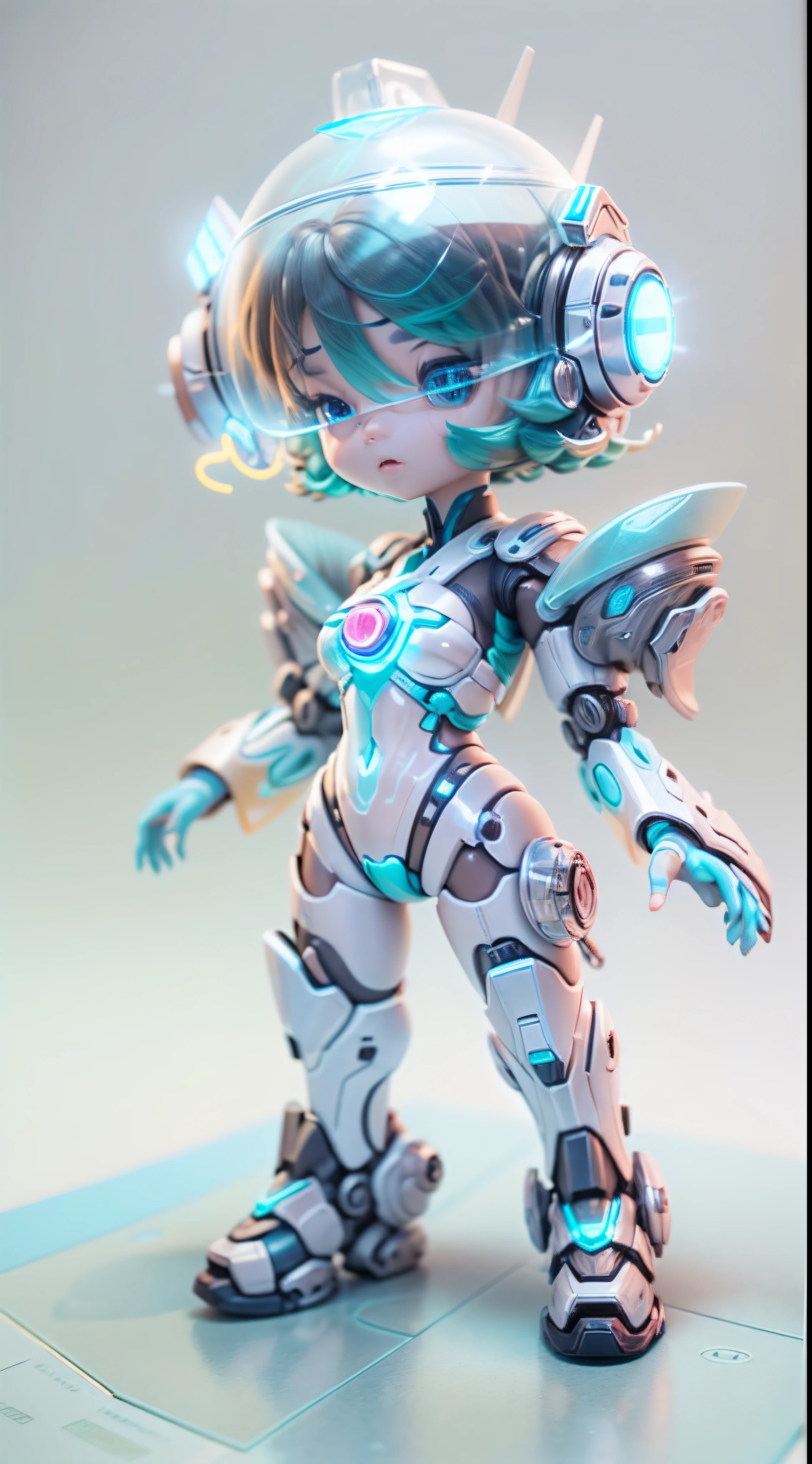 (Blind box toy style:1.2), (Full body shot) , 1 Transparent cute guide, Transparent mech, Exquisite helmet:1.2, Luminous goggles:1.2, Cyberpunk, dreamy glow, luminous neon lights, Clean, White background, ( Global illumination, Ray traching, hdr, unreal render,reasonable design, high detal, Masterpiece, Best quality, hyper HD, Cinematic lighting)