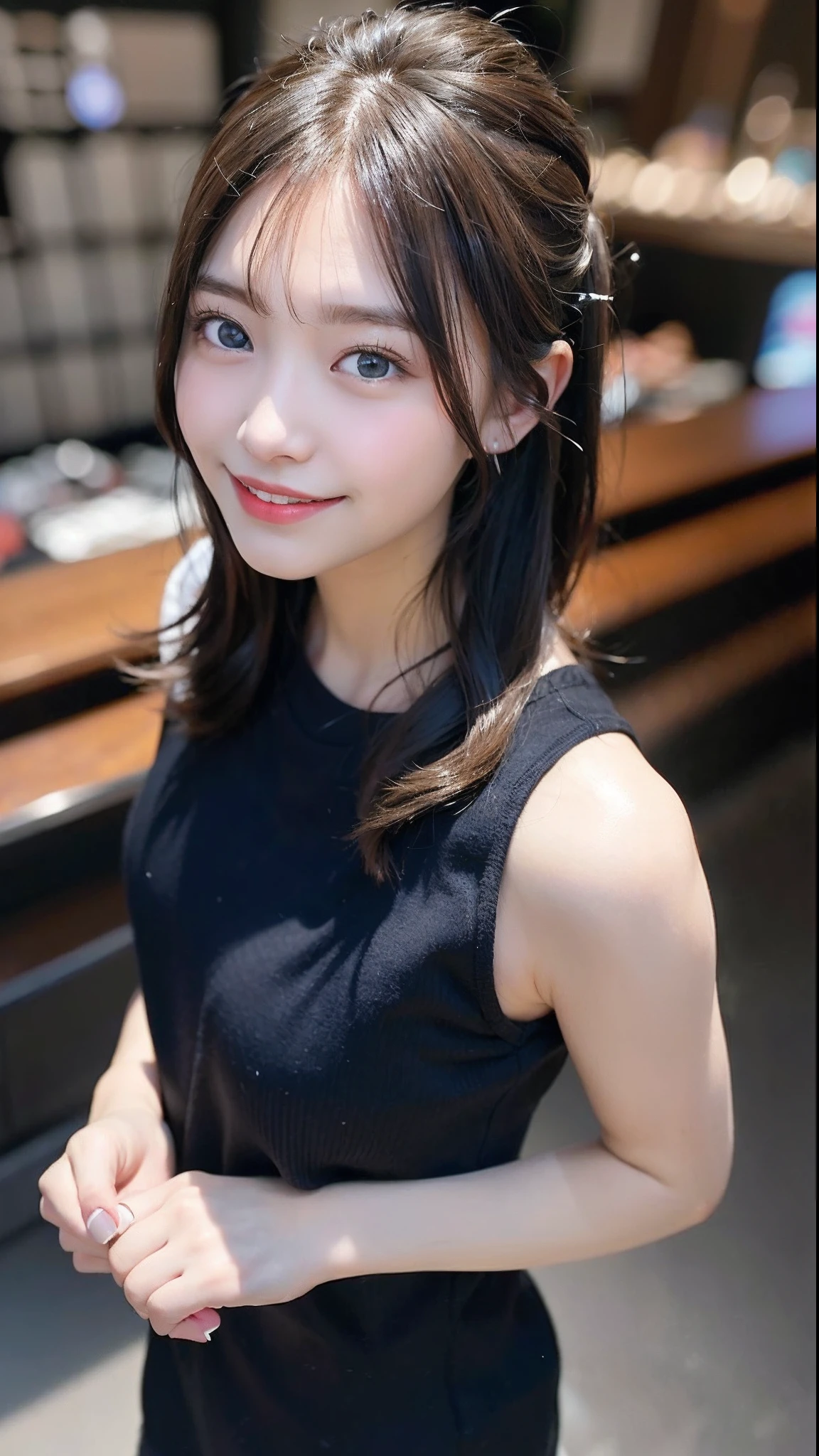 (Highest quality, masterpiece, Ultra-high resolution, 8K, RAW Photos, Realistic, Anatomically correct:1.5),  20-year-old girl:1.2, Embarrassing, avert your eyes, blush:1.0, View Viewer, ((bar)) 、Night view、 Light:1.2, Bokeh, Cinema Lighting:1.0, Depth of written boundary, sharp、 Cute face、Idol、Black short sleeve lace top、Black pleated skirt、Black clothing、”dwarf”、(Floral clothes)、(Full Body Shot)、Side angle、Cowboy Shot、 smile、(Ultra short hair、Short ponytail)、(Straight bangs)、((See-through))、(( One Girl))、Large Breasts、