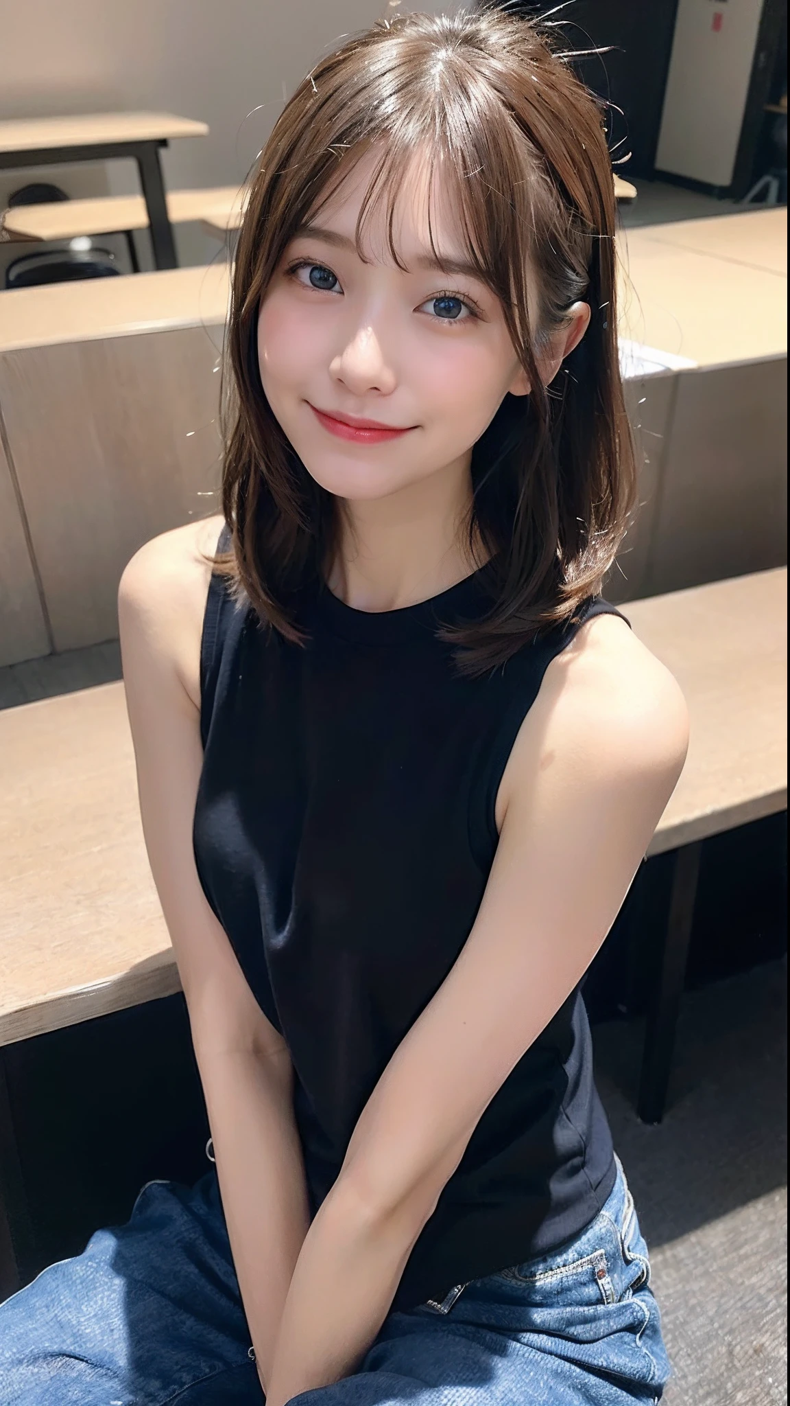 (top-quality、8K、32K、masuter piece、nffsw:1.2)、Cute Japan Girl、1人、bobhair、profile、(slim figure:1.2)、(s lips) 、(Black hair)、二重まぶた、shinny skin、Realistic rays、mare、beauitful face、(A smile:1.3)、crouching down、(From above:1.2)、(a closeup:1.4)、sleeveless t shirt、blurry backround、(Front Focus)、(Dark: 1.6)、Fantasy Art、photoRealstic、Professional Lighting、extra detailed face、Award-winning、deep-shadows、