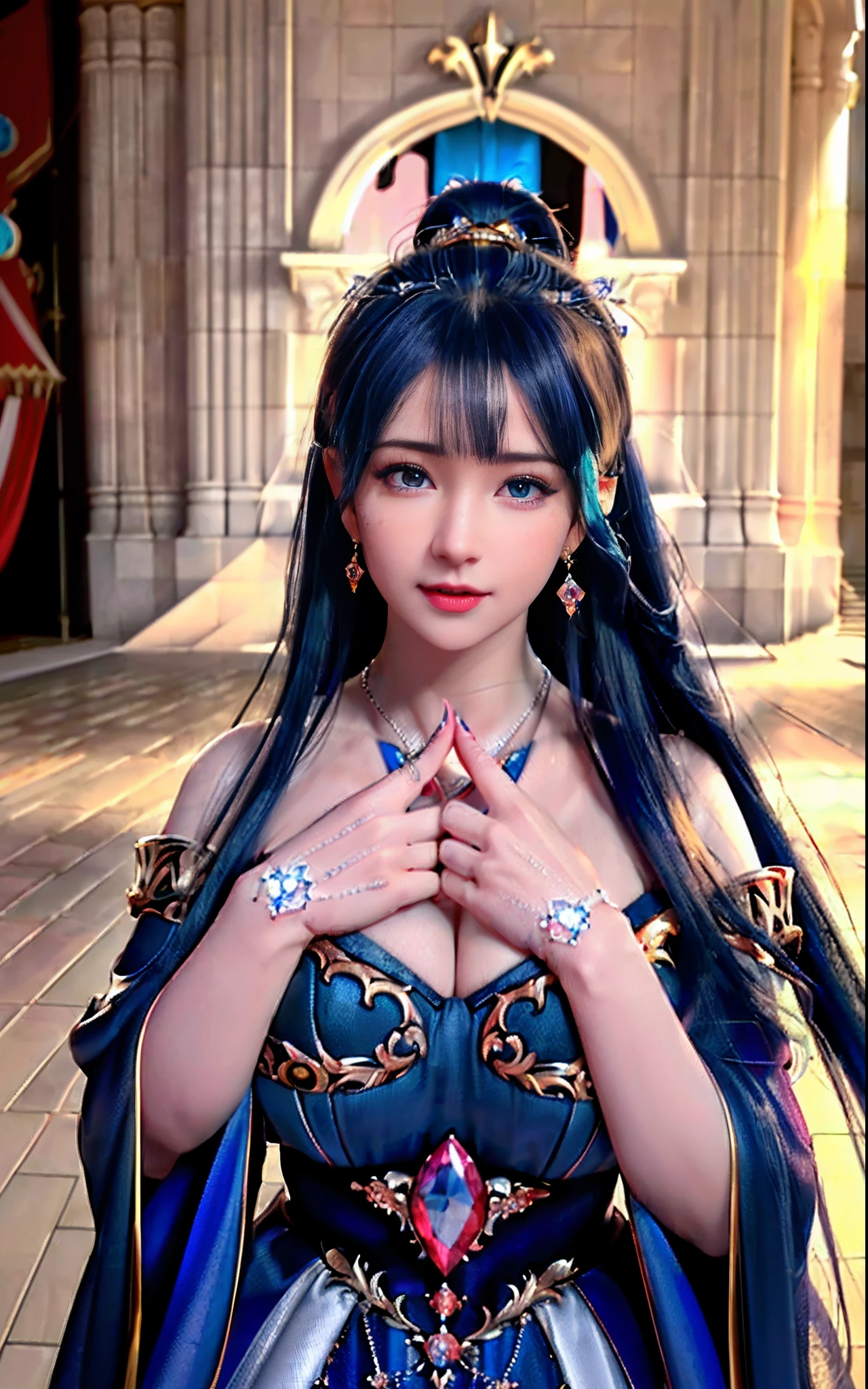 ((realisticity: 1.2)), ((realistic: 8K UHD)), ((best resolution: 8K UHD)), hyper detailed, best quality,masterpiece,highres,cg, ((1 girl hyper detailed and hyper realistic) ) , ((beautiful queen, hyper realistic and hyper detailed)),((white skin, beautiful, smooth, youthful, hyper realistic and hyper detailed )), ((Face hyper beautiful, white, hyper realistic and hyper detailed ) ), long hair, ((hyper realistic and hyper detailed dress)), solo, ((hyper realistic, hyper beautiful, beautiful and hyper detailed jewelry)), ((hyper beautiful deep red and golden yellow dress, hyper realistic and hyper detailed )) , ((Her pretty, hyper realistic, hyper detailed diamond filled earrings)), ((Her gorgeous diamond haircut, hyper realistic and hyper detailed)), ((hyper pretty upper body, hyper beautiful, hyper realistic and hyper detailed) ), ((medium breast: 1.1)), ((hyper realistic, hyper pretty, hyper detailed boobs)), ((the backgroun of the royal palace is hyper majestic, hyper realistic and hyper detailed)),((hands and palms hyper beautiful, hyper detailed, hyper realistic)), ((hyper detailed and hyper realistic fingers and fingernails)), ((hyper pretty fingernails, hyper vivid, hyper detailed, hyper realistic)), ((thumb, index finger, middle finger, ring finger, little finger hyper vivid, hyper pretty, hyper detailed, hyper realistic)), ((hyper beautiful fingers, hyper detailed, and hyper realistic)), ((posture not too fat and not too thin, hyper realistic, hyper detail)), ((hyper pretty, hyper pretty, hyper realistic and hyper detailed hair bun)), ((hyper pretty , hyper realistic and hyper detailed blue hair)), candid, Photo, high resolution, 8k , bokeh,