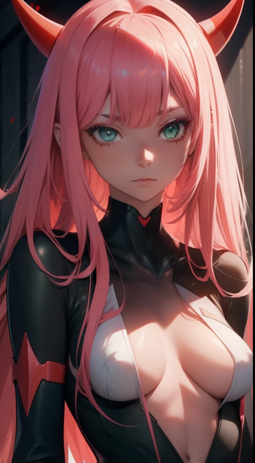 Zero Two \(darling in franxx\), darling in franxx, 1girl in, Bangs, Bite, Shadow, Green eyes, Horns, Long hair, Looking at the viewer, Small breasts, makeup, Small breasts, Red bodysuit, Pink hair, Red eyeshadow, Tight skin, Solo