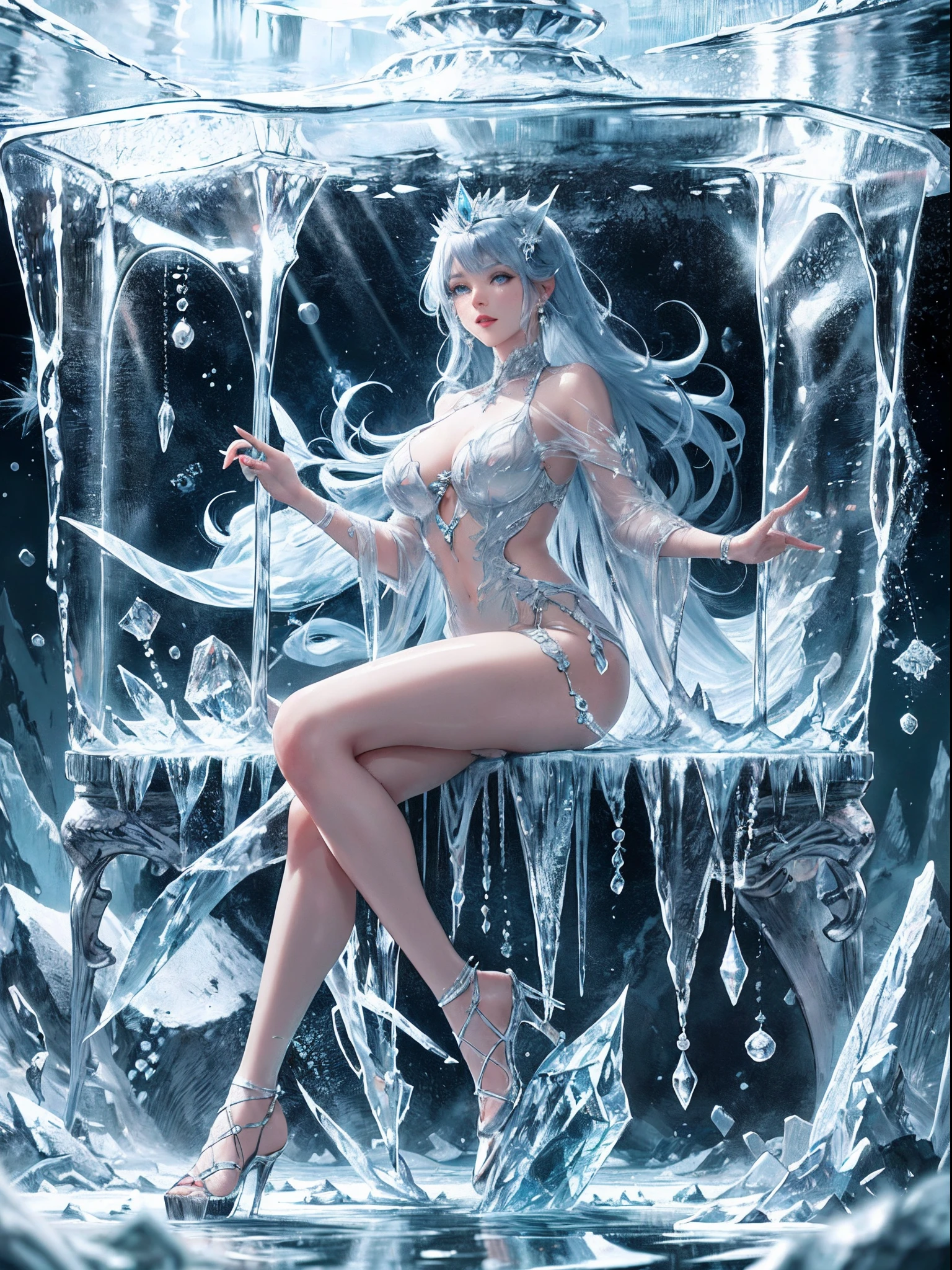 Best Quality, high detailing, High resolution, nffsw, 4K, 8K, Glass sculpture masterpieces and legendary demons, Water, ice crystal, Fantasy, Icicles, Trapped in the ice, The background is an ice cave, Ice World, Most Awesome、Ice tiara、Ice Dress