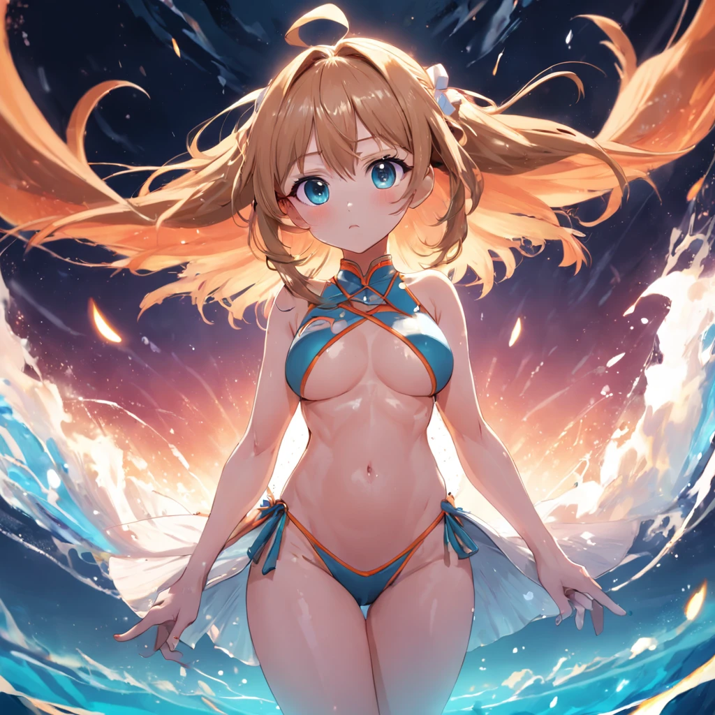 Gradient eyes, anime big breast, god light， hyper HD, Super detail, High details, High quality，swim wears，Ark of tomorrow，evening