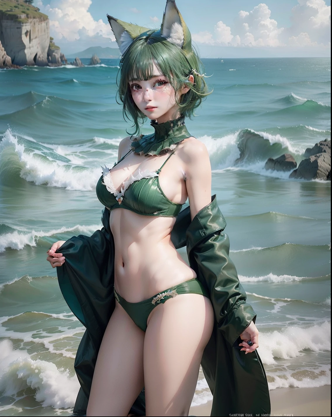 Female, beautiful, short green hair,Wearing clothes made of shells and fish fins,Big green tentacles,Fox ears, stormy sea background, magic, realistic ultra detail, perfect face,perfect eyes,white skin,8k, ultra HDR, photography,Not using cloth, just using a clamshell bra, best quality,Sea monsters, sirens,Sharp rocks and waves ,full body,Large green tentacles sprouted from the back.