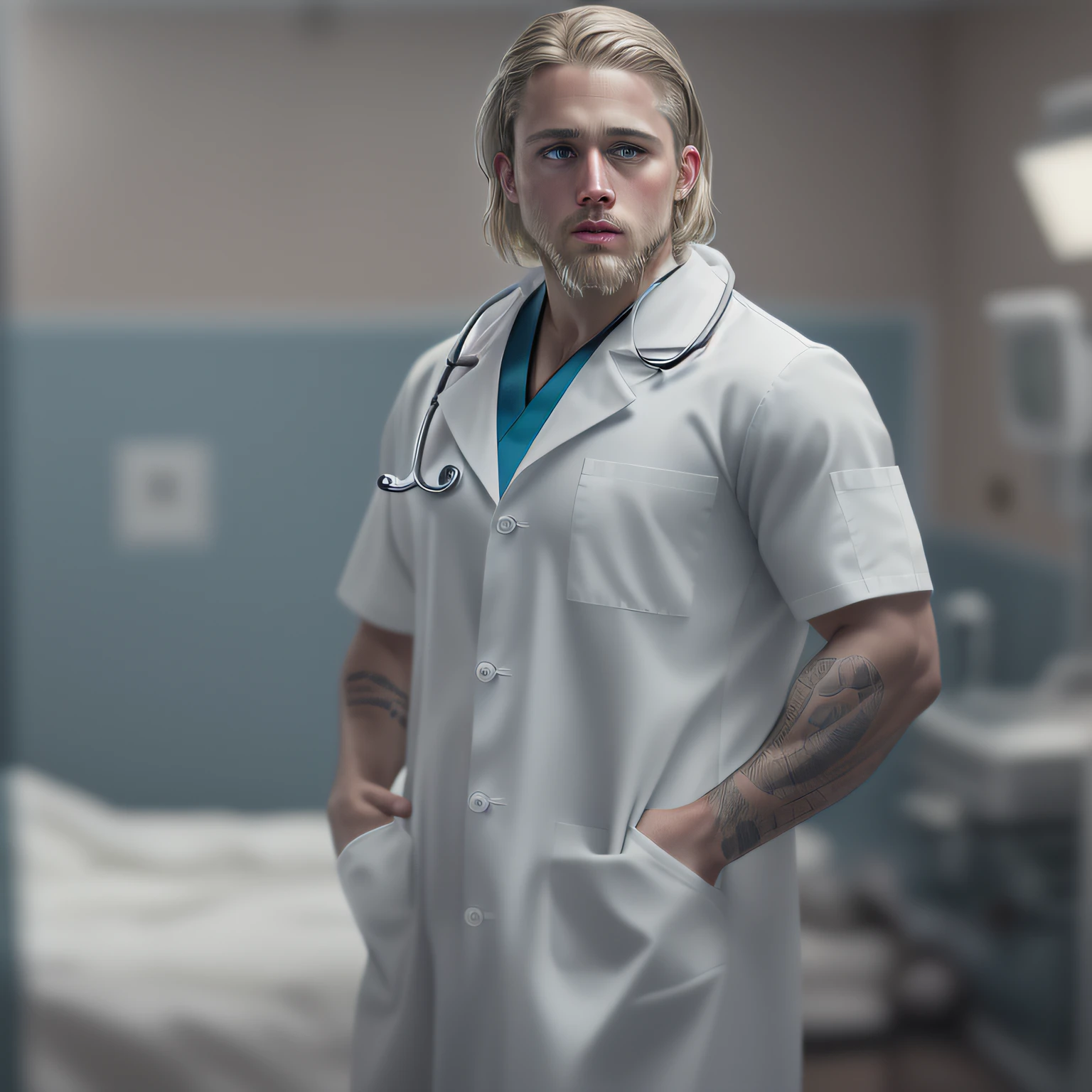 (Charlie Hunnam) full body picture, high quality, 1man, (((handsome Doctor blonde american dilf))), (((dark red kasack))) (((white doctor's smock))), (((blue eyes))) (((in Dream hospital))) (((3 day beard)) photorealistic, nsfw, sexy, , sharp, focused, centered, sensual, HD, 8k, DSLR, RAW Sony a7R IV camera, Meike 85mm F1.8 lens