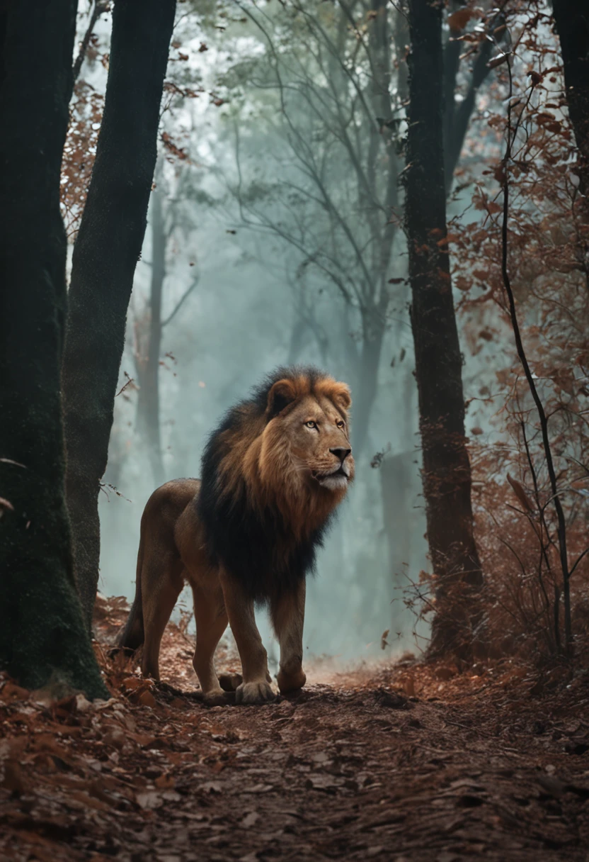 Retrato frontal de um homem, caminhando em um caminho pela floresta, accompanied by a wolf and a lion.