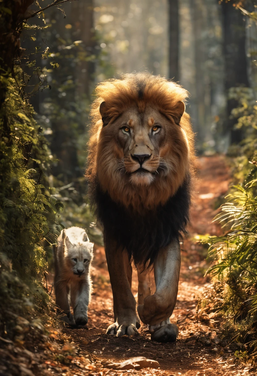 Retrato frontal de um homem, caminhando em um caminho pela floresta, accompanied by a wolf and a lion.