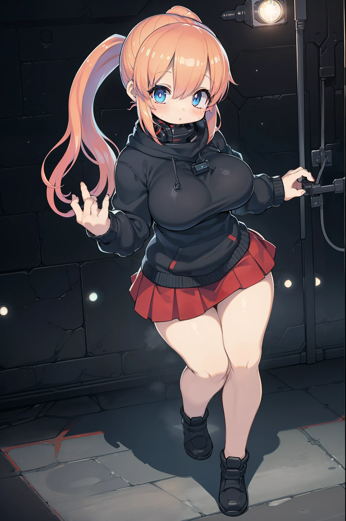 Full body cyber girl with ponytail. Bright red color to indicate that she is a cybergirl. Although dressed like a tomb raider、Skirt is included. She also has blue eyes. The environment is like a terminator. Hair is black. She is illuminated in bright red color on one side of her face. Led like. And there are LED lights in both hands too.