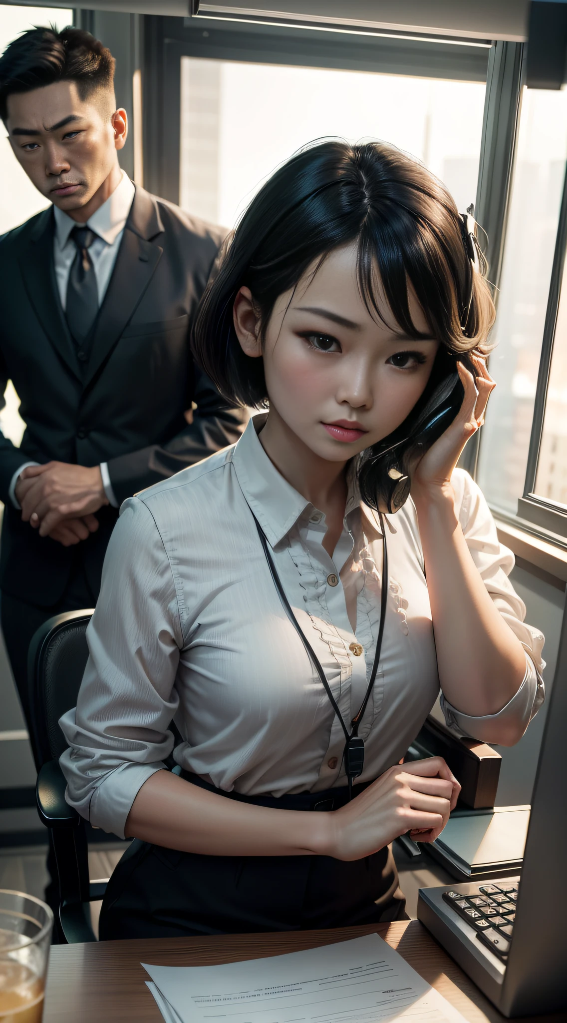 （Fidelity：1.3），filigree，quality，Rembrandt lighting，（tmasterpiece：1.2），（Fidelity：1.2），（best qualtiy），（skin detailed：1.3），（Complicated details），dramatics，There were two people in the office，Old office，An Asian girl，short detailed hair，Answering the phone with a landline，An Asian man stands behind the girl，Military style，