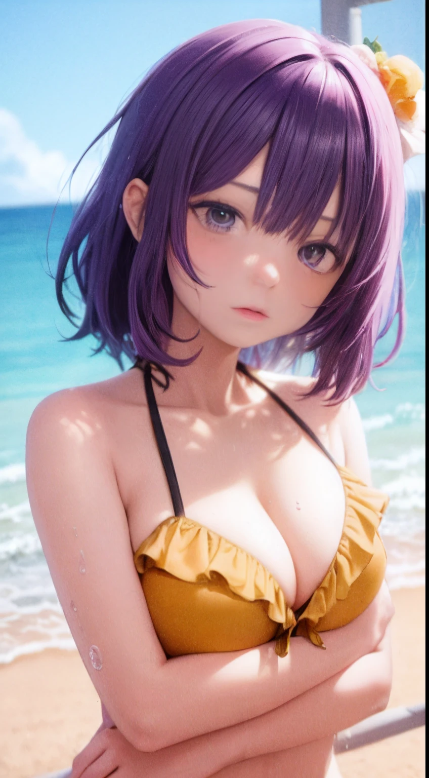 best light, Best Shadows, (Shining), quality, 1girl in, Solo, Purple medium hair, Hieda's Me,I'm Hiedano , Sea and sandy beach background, Bikini with yellow-green ruffles,red blush、Colossal tits、the whole body is wet、tired expression