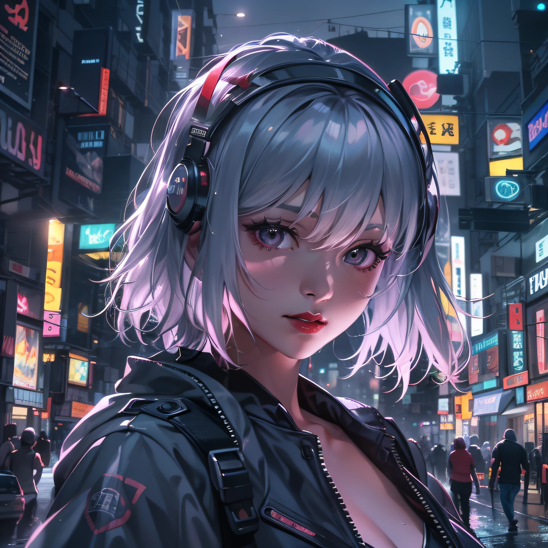 high contrast, (8K UHD:1.2), (photorealistic:1.2),(masterpiece:1.4), (best quality:1.4),extremely detailed wallpaper, highly detailed illustrations, (1 Girl), (best lighting) , (super-complex details) , 4K unified, (super-detailed CG: 1.2) , (8K: 1.2),(original), (masterpiece) , (best quality),(Masterpiece:1.4),Anime-ish high quality, (((high resolution))),Young 1 Japan girl dressed in shiny clothes as a cyberpunk character in neonninja style, futuristic city. Hair scrunchies, princess cut, silver hair, colored tips, medium hair, multicolored hair, bangs parting, parted lips, red lips, full moon, gray eyes, sexiness and coolness, night, neon, futuristic, concept art, blade runner worldview, toron worldview, ghost in the shell world view, painting, illuminated, close-up, detailed light, backlit glow. Rainy night in cyberpunk city with glowing neon lights. Dynamic and dynamic composition.