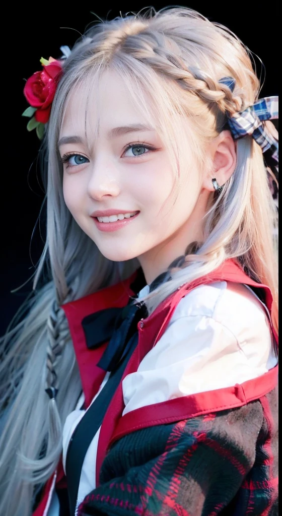 (ultra-detailliert), Tartan check jacket,high-school uniform、Blue eyes,The upper part of the body、Center of the screen、a closeup、faces、(A smile:1.5),(facing front:1.2), 20yr old, teens girl,no tail,(no tail),2D, masterpiece, top-quality, animesque, A detailed eye, A detailed face, girl with, Only 1 person,Silver medium hair, (Silvery head hair), Ear Hair, small tits, Single braid, (Single braid), (Side braid), Pink ribbon, Ribbon around the neck, Background bokeh
