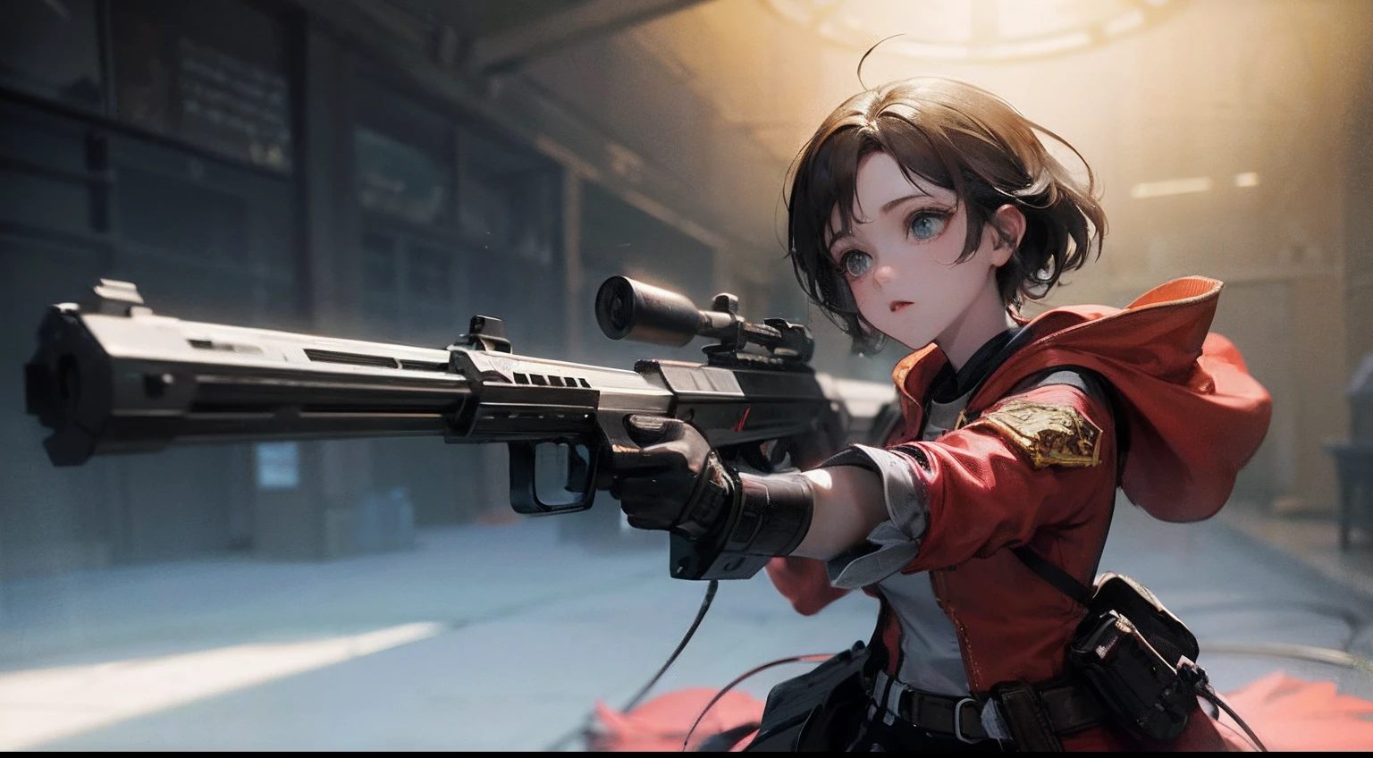 Octane Render、(Hyper-detailing: 1.15)、(Soft light、sharp: 1.2)、photoRealstic、Cute Fantasy Princess、Practice shooting small guns