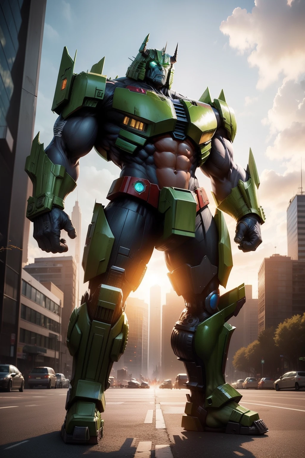 combined hulk and Optimus Prime (transformer), solo, fantastic, detailed, reality, mystical setting and future city,