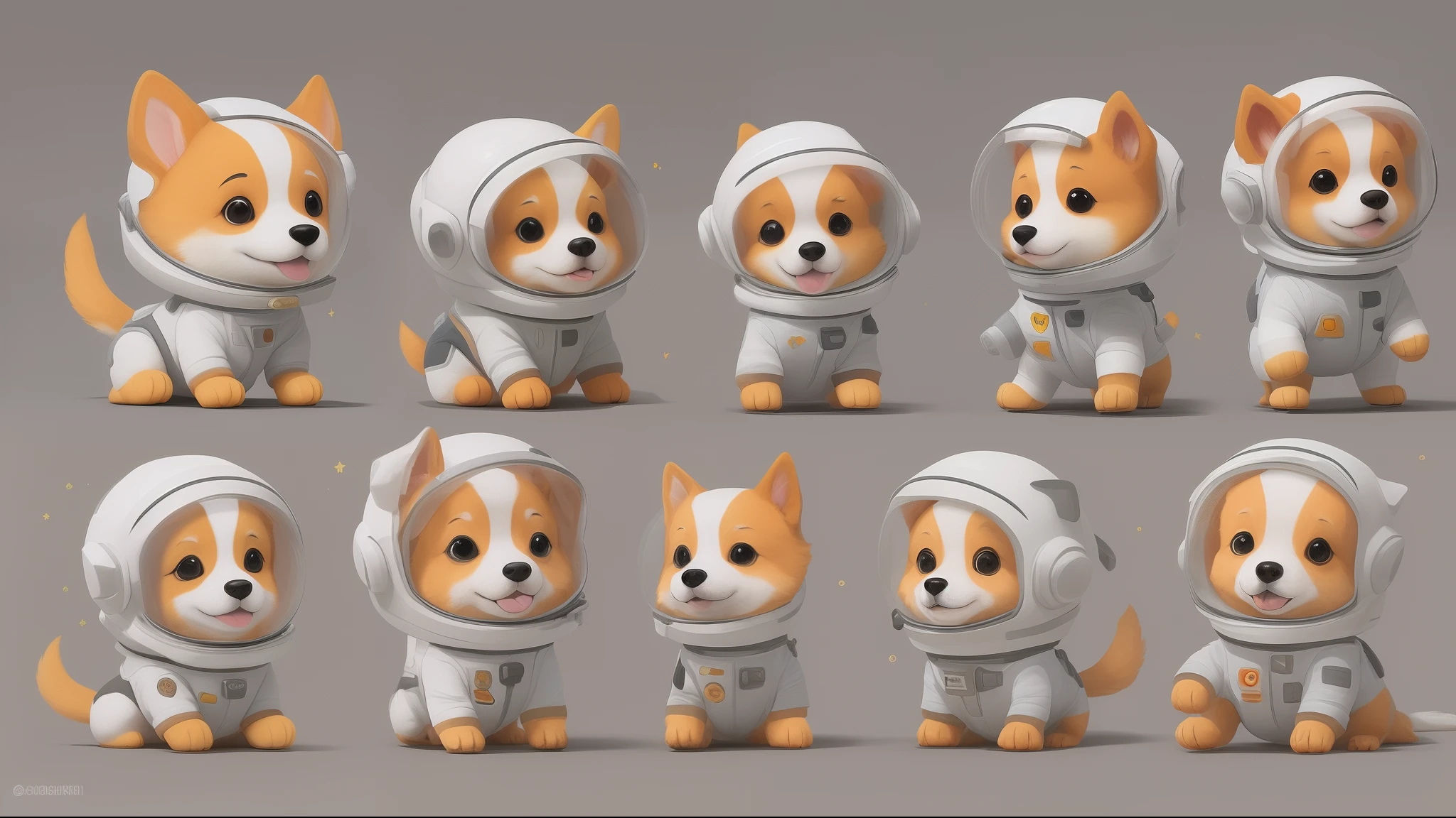 Cartoon dog in space suit with various poses and emotions, Cosmonauta de Corgi, dog in a space suite, Cosmonauta Shiba Inu, painting digital adorable, bela arte digital, Retrato do cosmonauta Shiba Inu, pequenos astronautas, corgi bonito, arte digital detalhada bonito, corgis in no man's sky, isometric 3d fantasy cute dog