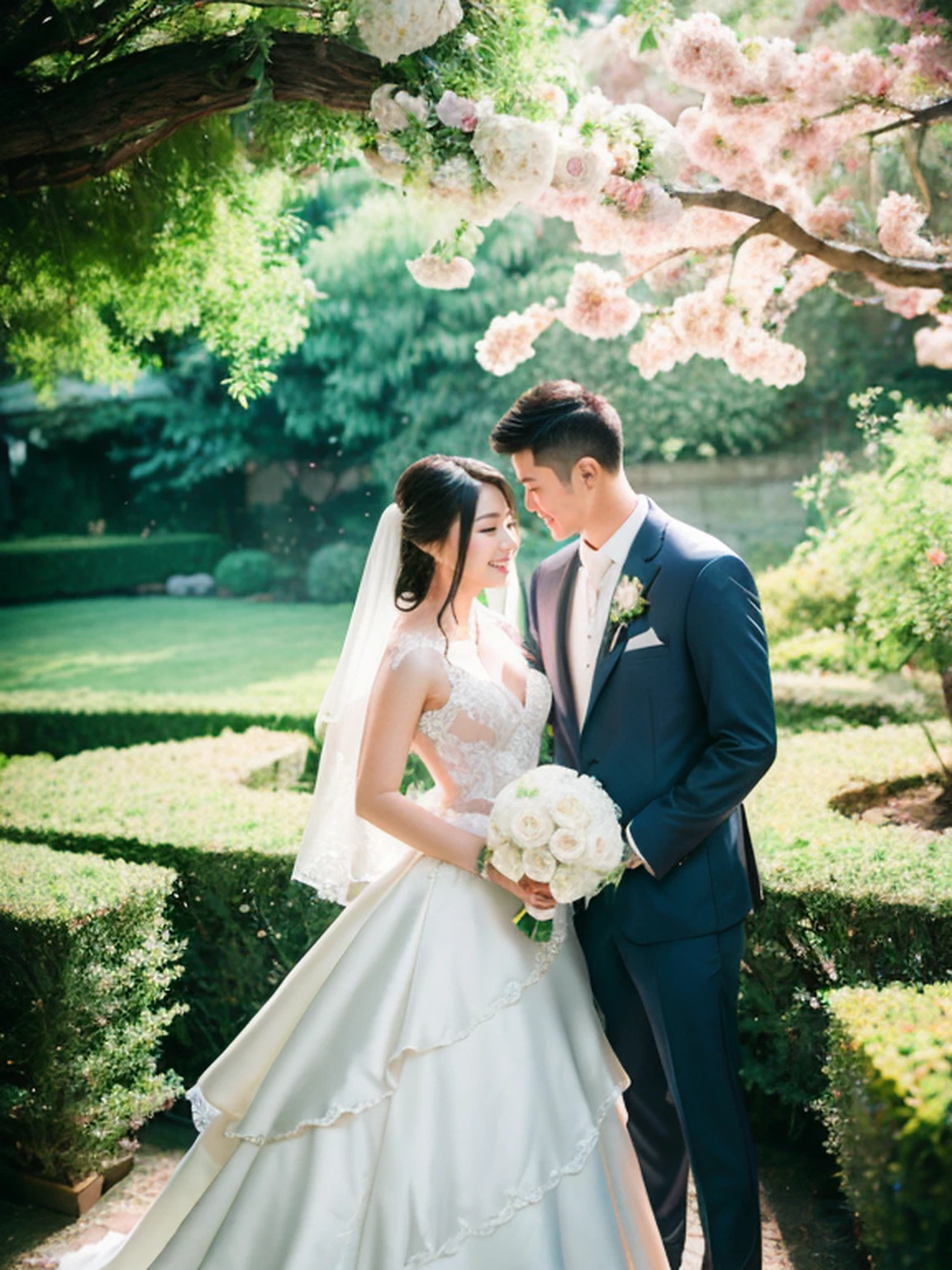happy face, (bride and groom:1.2), fair complexion, wedding photoshoot, soft morning lighting, in a blossoming garden