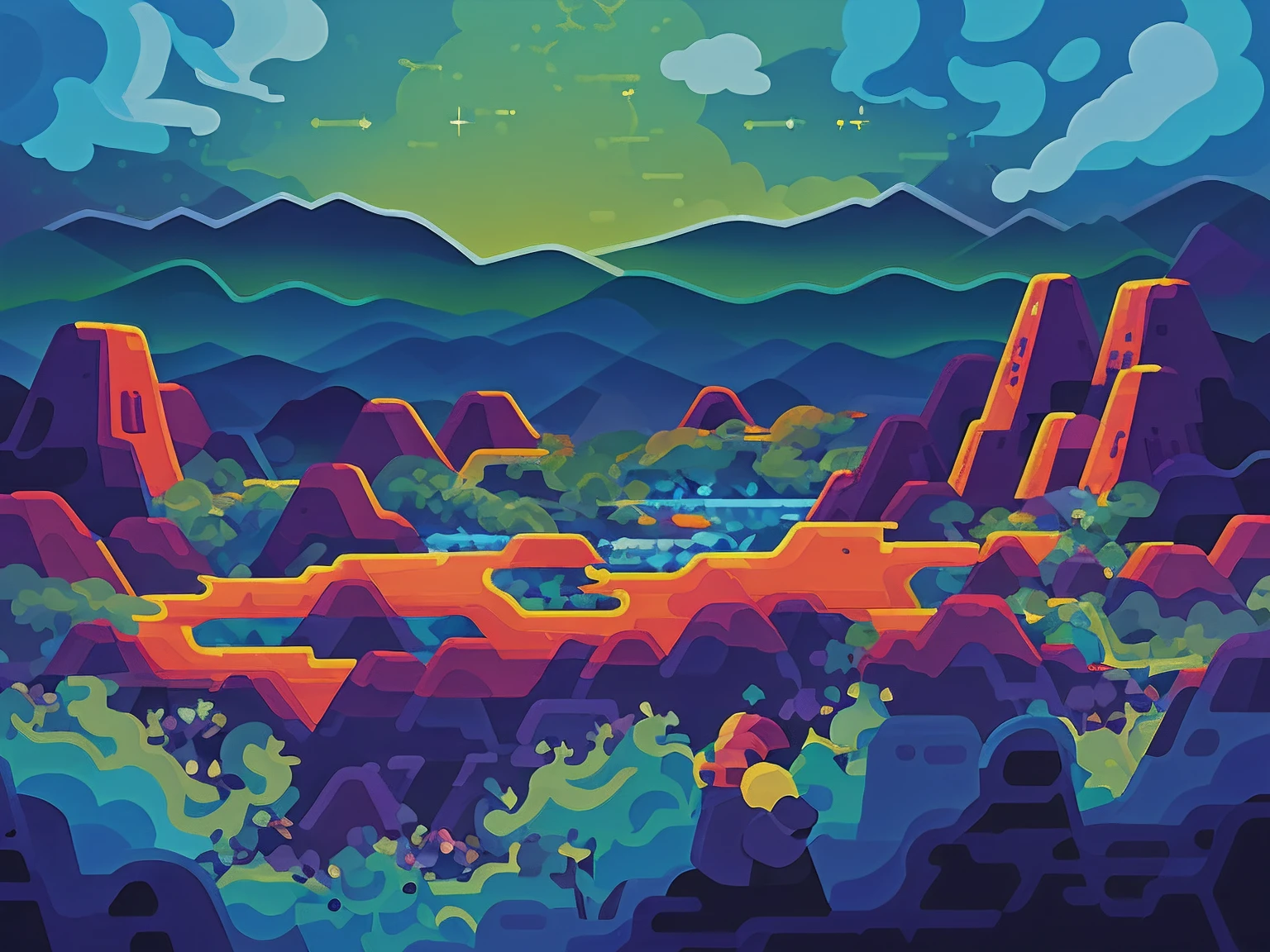 ((ln the forest、Mountains and starry sky with traveling shaped clouds)), space elevator, civilization, High - Tech Building, sci fi movie,
(High contrast), (vector artwork), 2D flash game, (clean color), (Clear boundaries), (Bright colors), (Morning or dusk sky),
(Explicit), (Extremely sharp focus), ((Masterpiece)), (Best quality), (extreme hight detail), fine art, Silhouette, Neat style,
(Kurzgesagt style), author:Kurtsg Zagert, (author:Hiroshi Yoshida), (author:Hasui Kawase), by Atey Ghailan, author:Ismail Inceoglu