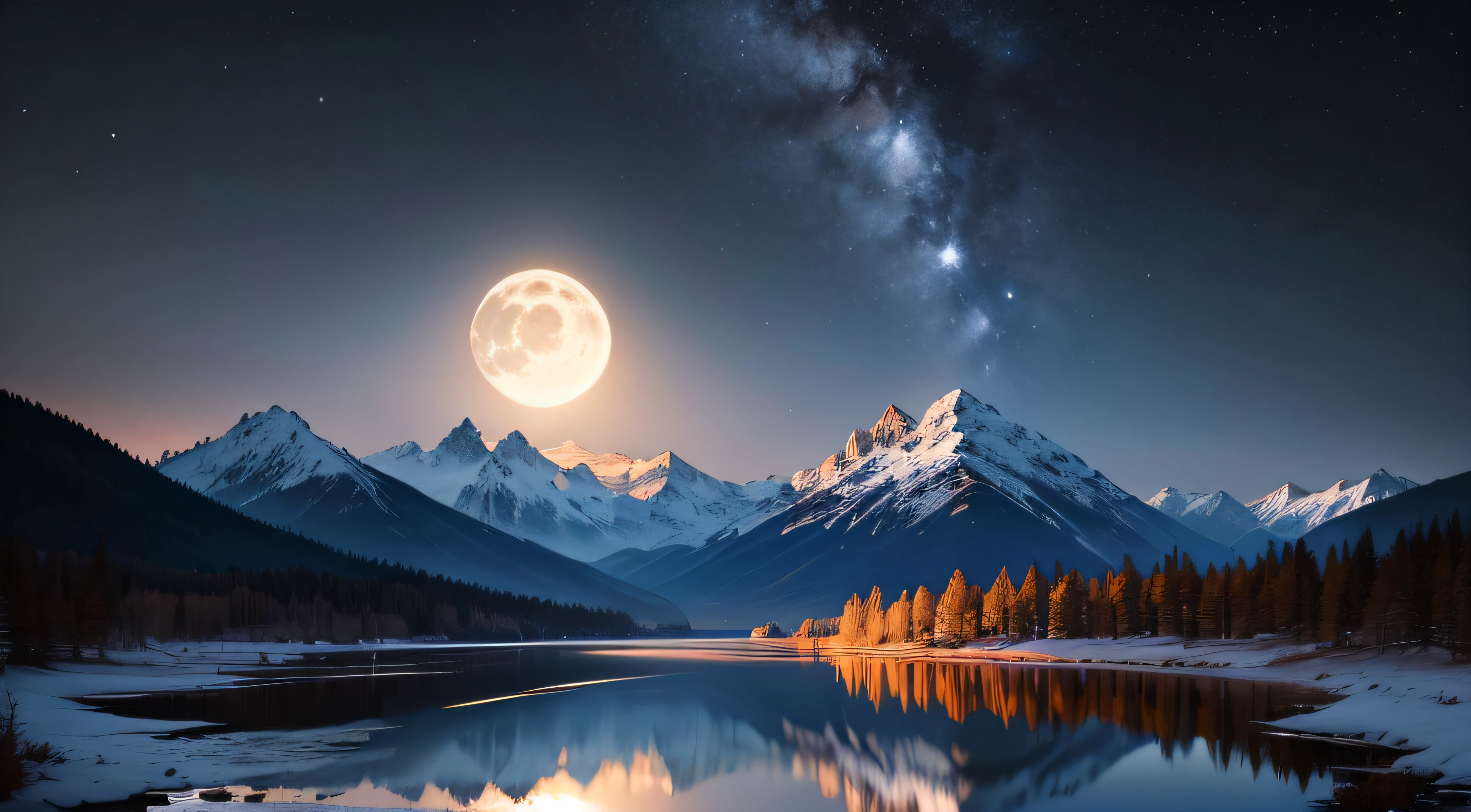 Very starry night. A giant moon behind the mountains. A tranquil lake reflecting the night. Realistic scene, detailed, photorealism, 8k --auto