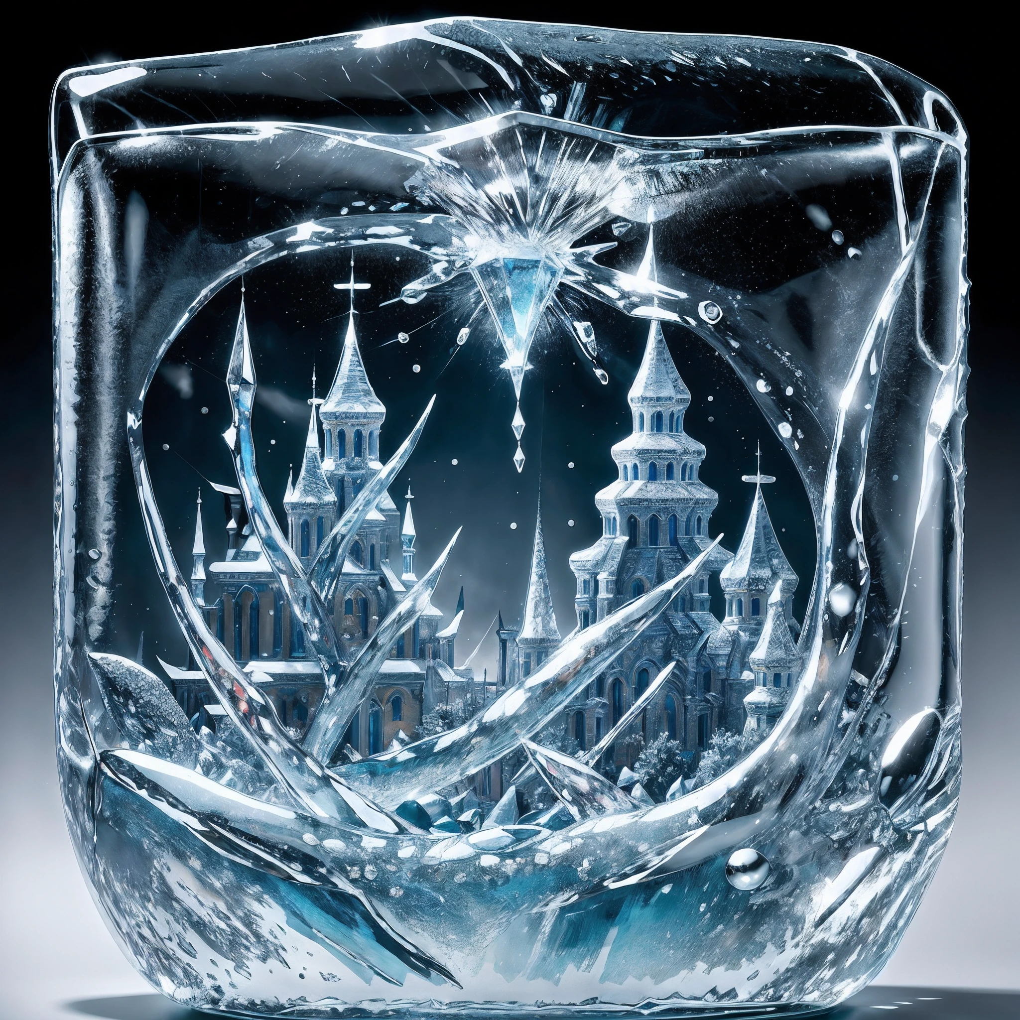 A masterpiece of glass sculpture with a princess inside、Eau、Shines、Fantasia、hightquality、high detailing、top-quality、nffsw、4K、8K、Icicles、Trapped in the ice、ice cave、A world of minus 100 degrees Celsius、Fantastical