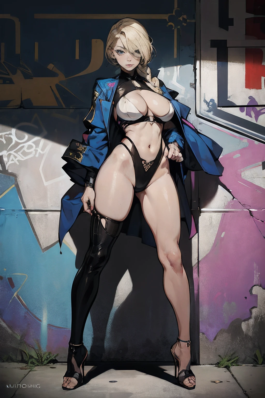 Professional photos taken on the Canon EOS R6，moodylighting，80mm，
1girl，blond hairbl，[Very short hair|Very long braids]，blue colored eyes，avant-garde，[tightsuit|blazer jacket|asymmetric dress]，underboobs，scenecy，standing in front of a graffiti-covered wall，rebelliousness，street fashion，platform high heels，very sexy poses， by art Germ，Only fans，
