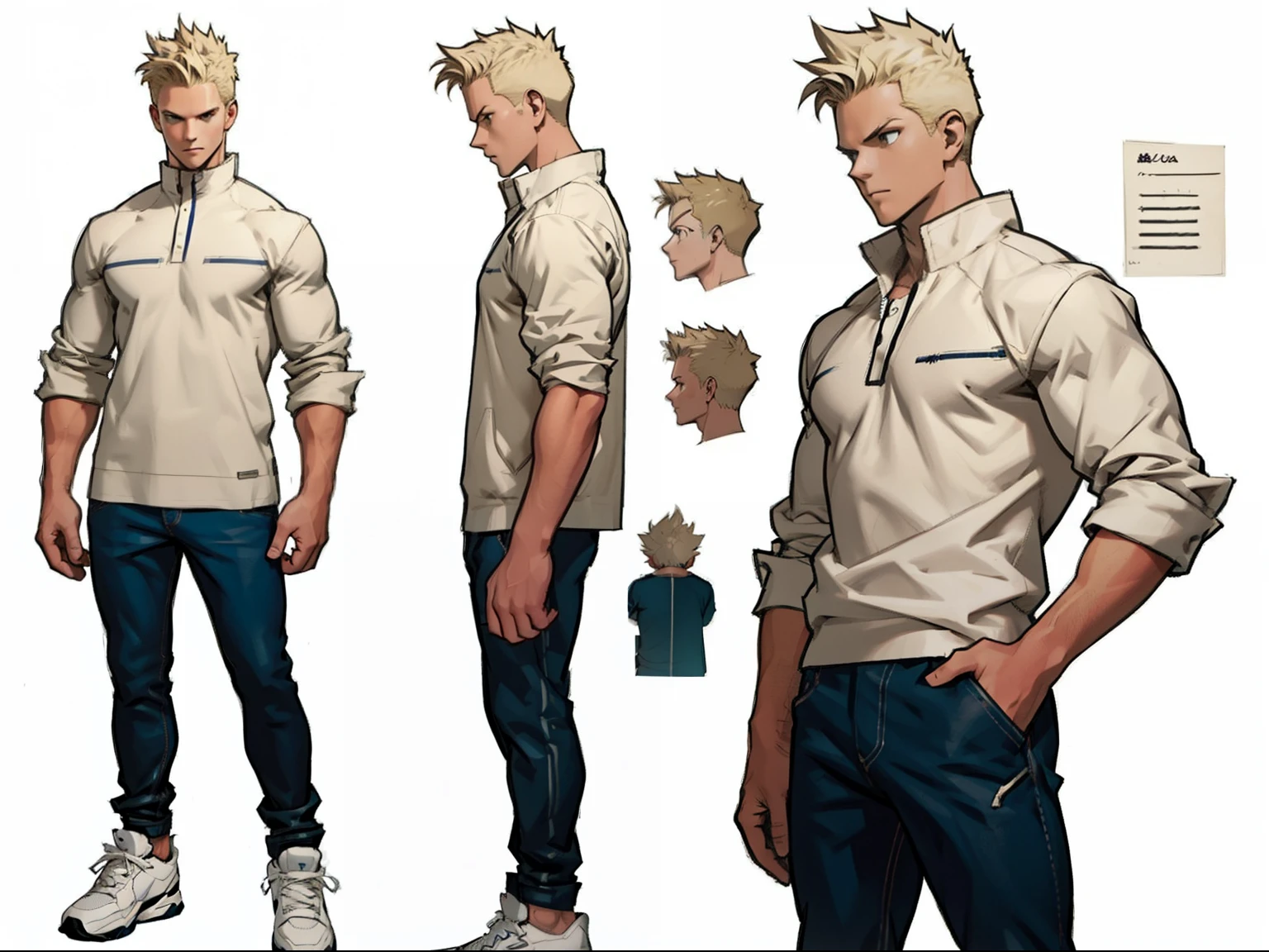 A detailed character sheet, featuring front view, side view, three-quarter view, against a white background, showcasing a 25-year-old man with short spiky blonde hair, wearing white sneakers and light casual clothes. The sheet encompasses varying angles—front, rear, and side views—alongside a model sheet and a reference sheet, all illustrating a full-body representation. Proportions are based on a scale of 6 and a half heads.