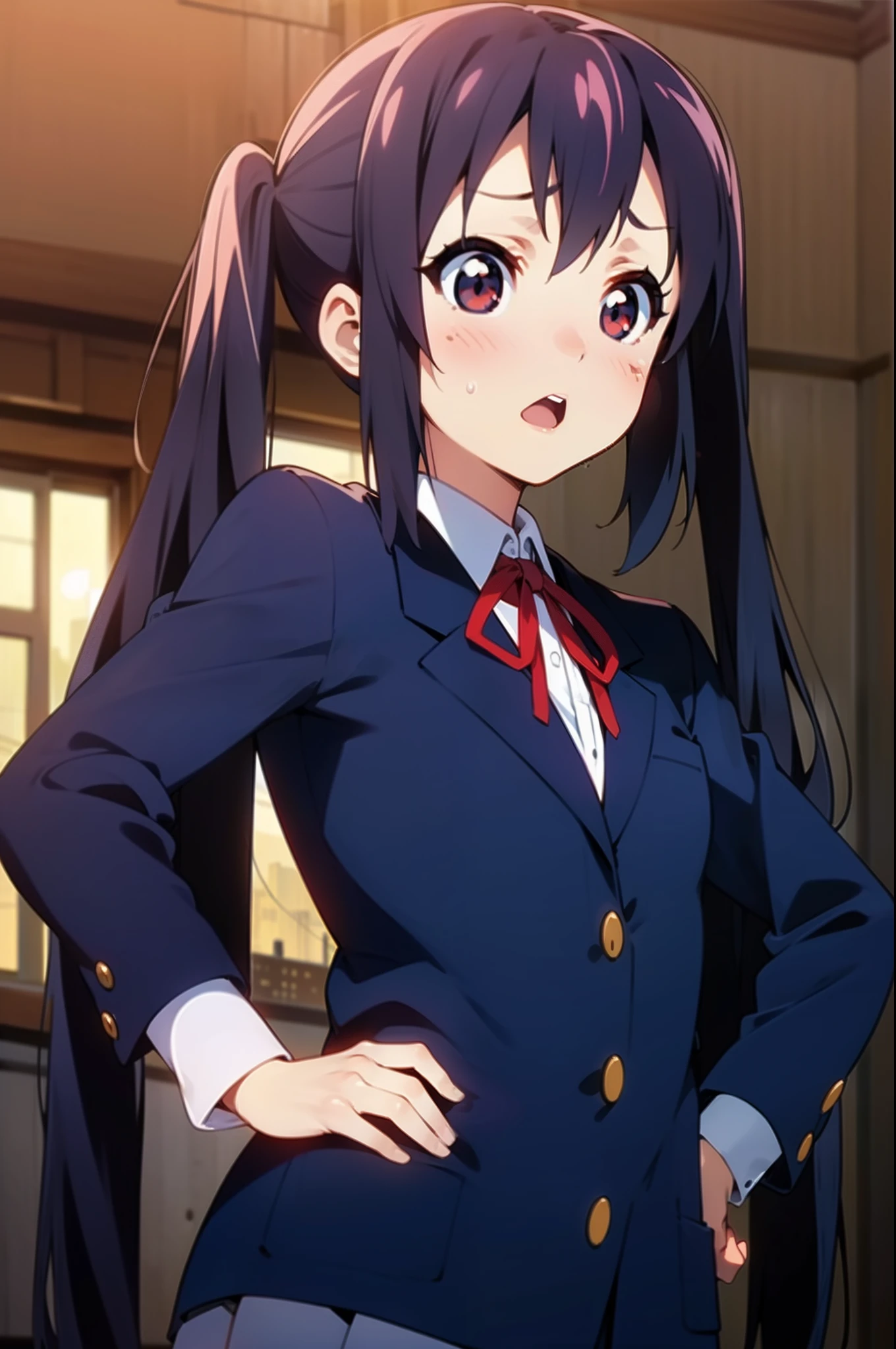 1girl, (((masterpiece))), highest quality, best quality, high detail, nakano azusa, 1girl, sakuragaoka high school uniform, school uniform, twintails, long hair, black hair, brown eyes, solo, red , a navy blue blazer with red narrow ribbon, a solid white buttoned shirt under the blazer, illustration, cartoon, soothing tones, calm colors, soft cinematic light, adobe lightroom, photolab, hdr, intricate, highly detailed, ((((depth of field)))). (((takeout))).dynamic focus.big breasts.(((Skyscrapers))).(((A city scape))).(((Face of sadness))). open mouth.(((put hands on the hip))).(((up chest))).((evening glow)).((the setting sun)).