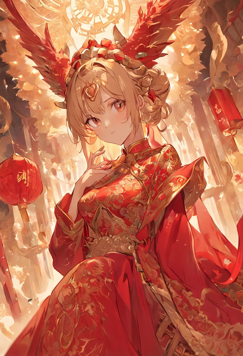 (blank background) a girl, blonde hair, rabbit ears, white stockings, full body, smile, jumping action, dynamic perspective, transparent background, red clothes, skirt, Chinese elements, several rabbits around, firecrackers, Chinese New Year
