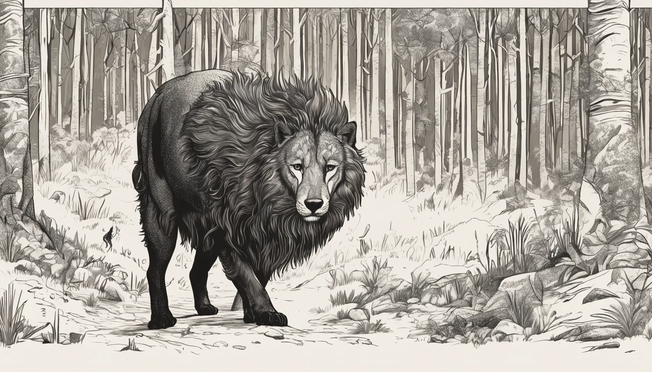 Retrato frontal de um homem, caminhando em um caminho pela floresta, accompanied by a wolf and a lion.