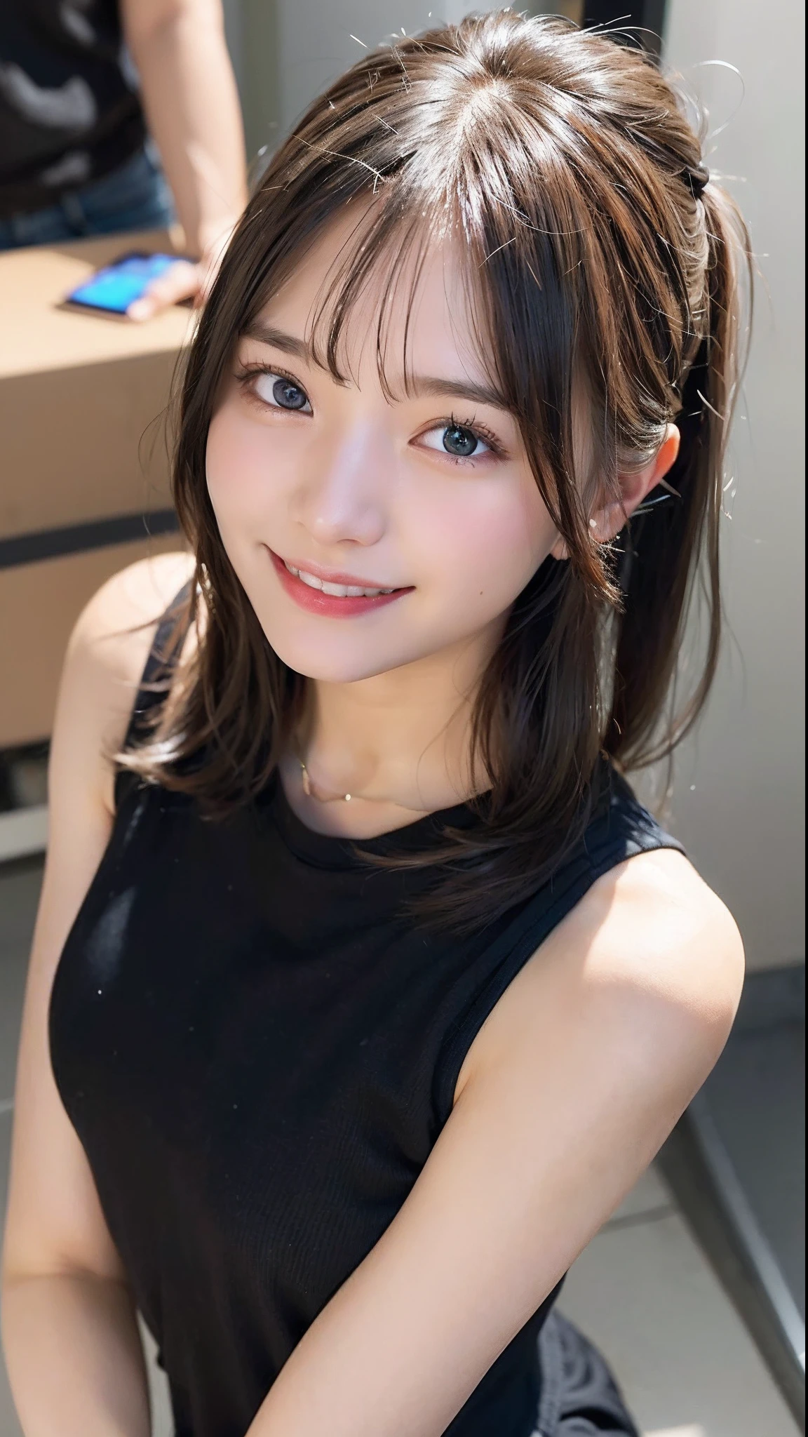 (top-quality、8K、32K、masuter piece、nffsw:1.2)、Cute Japan Girl、1人、bobhair、profile、(slim figure:1.2)、(s lips) 、(Black hair)、二重まぶた、shinny skin、Realistic rays、mare、beauitful face、(A smile:1.3)、crouching down、(From above:1.2)、(a closeup:1.4)、sleeveless t shirt、blurry backround、(Front Focus)、(Dark: 1.6)、Fantasy Art、photoRealstic、Professional Lighting、extra detailed face、Award-winning、deep-shadows、